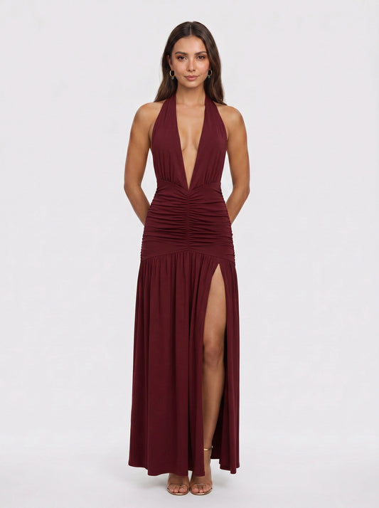 Granaze Halter Neck Ruched Maxi Dress – Plunge Neck Women Evening Wedding Guest Formal Bodycon Maxi Dress