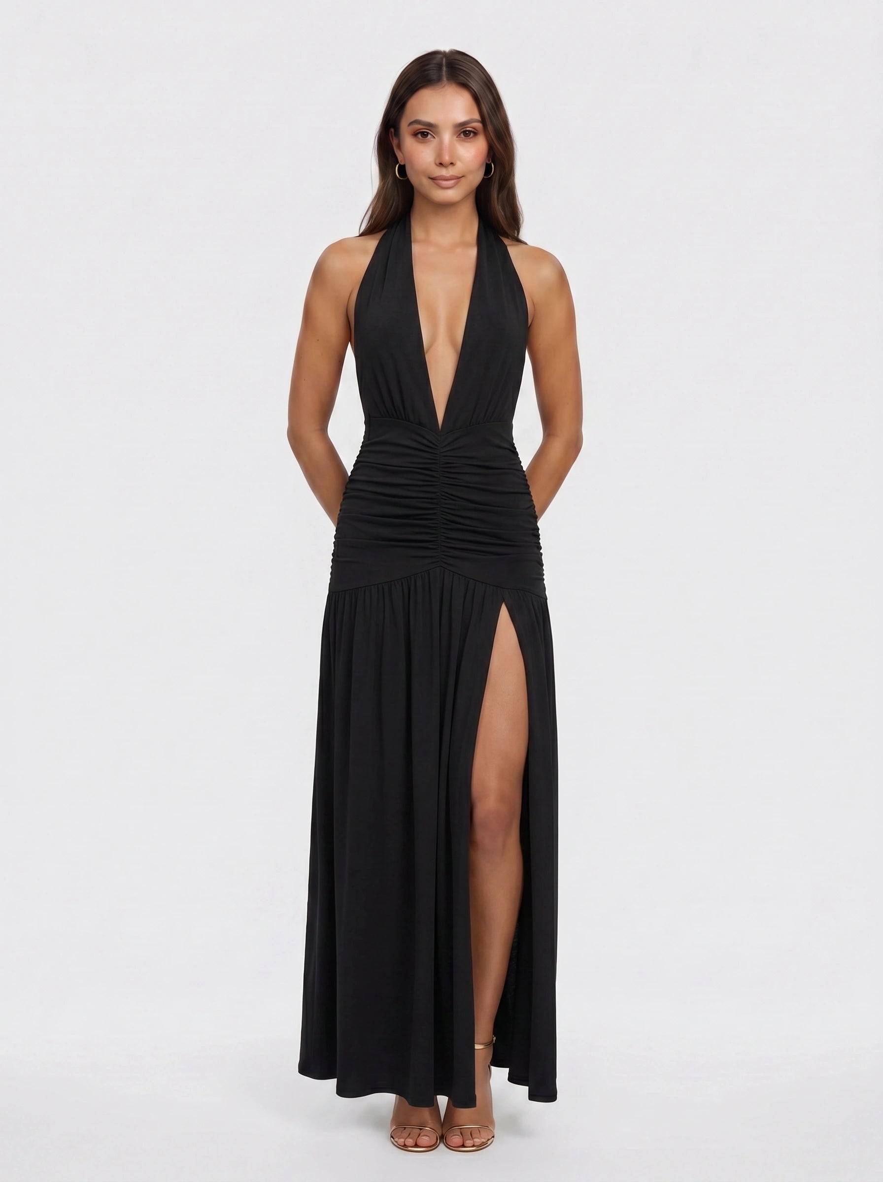 Granaze Halter Neck Ruched Maxi Dress – Plunge Neck Women Evening Wedding Guest Formal Bodycon Maxi Dress