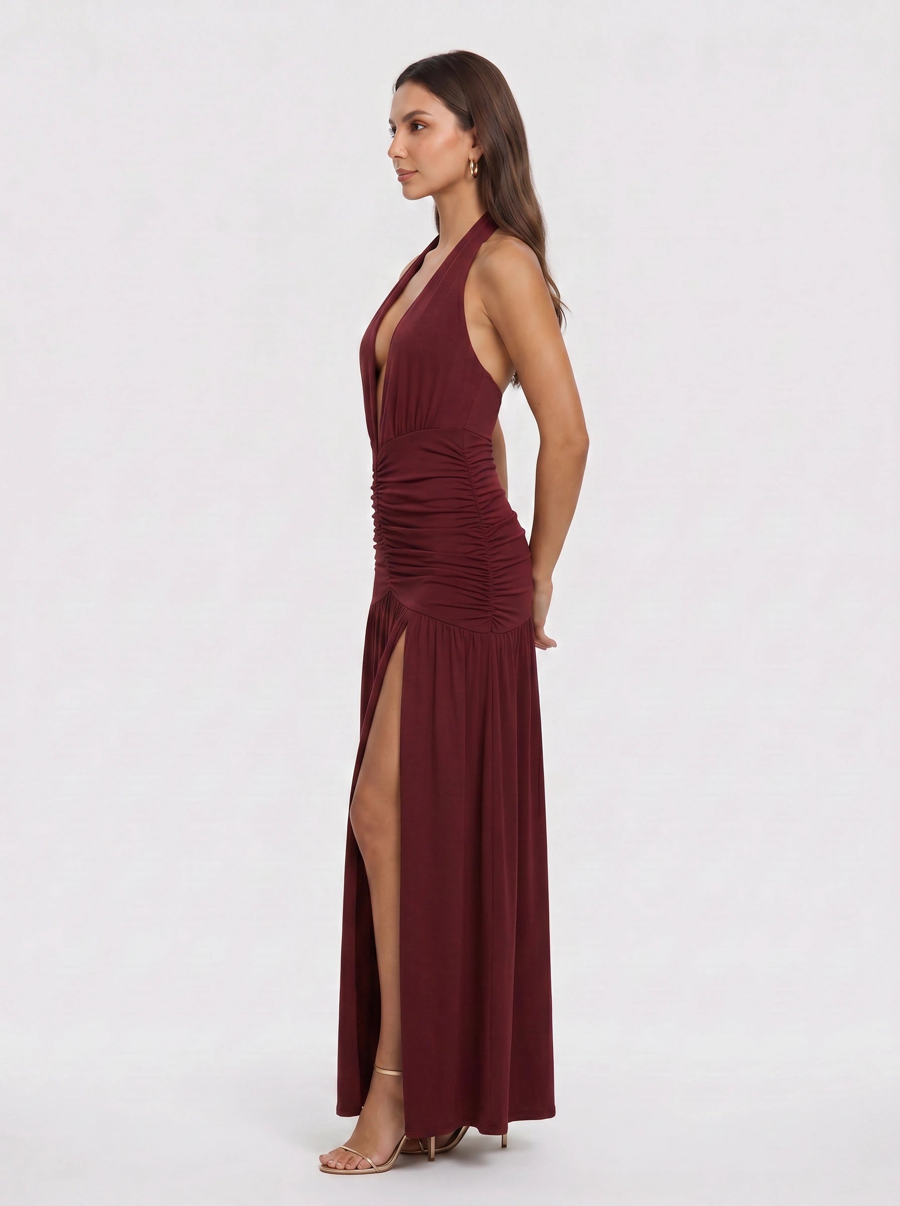 Granaze Halter Neck Ruched Maxi Dress – Plunge Neck Women Evening Wedding Guest Formal Bodycon Maxi Dress