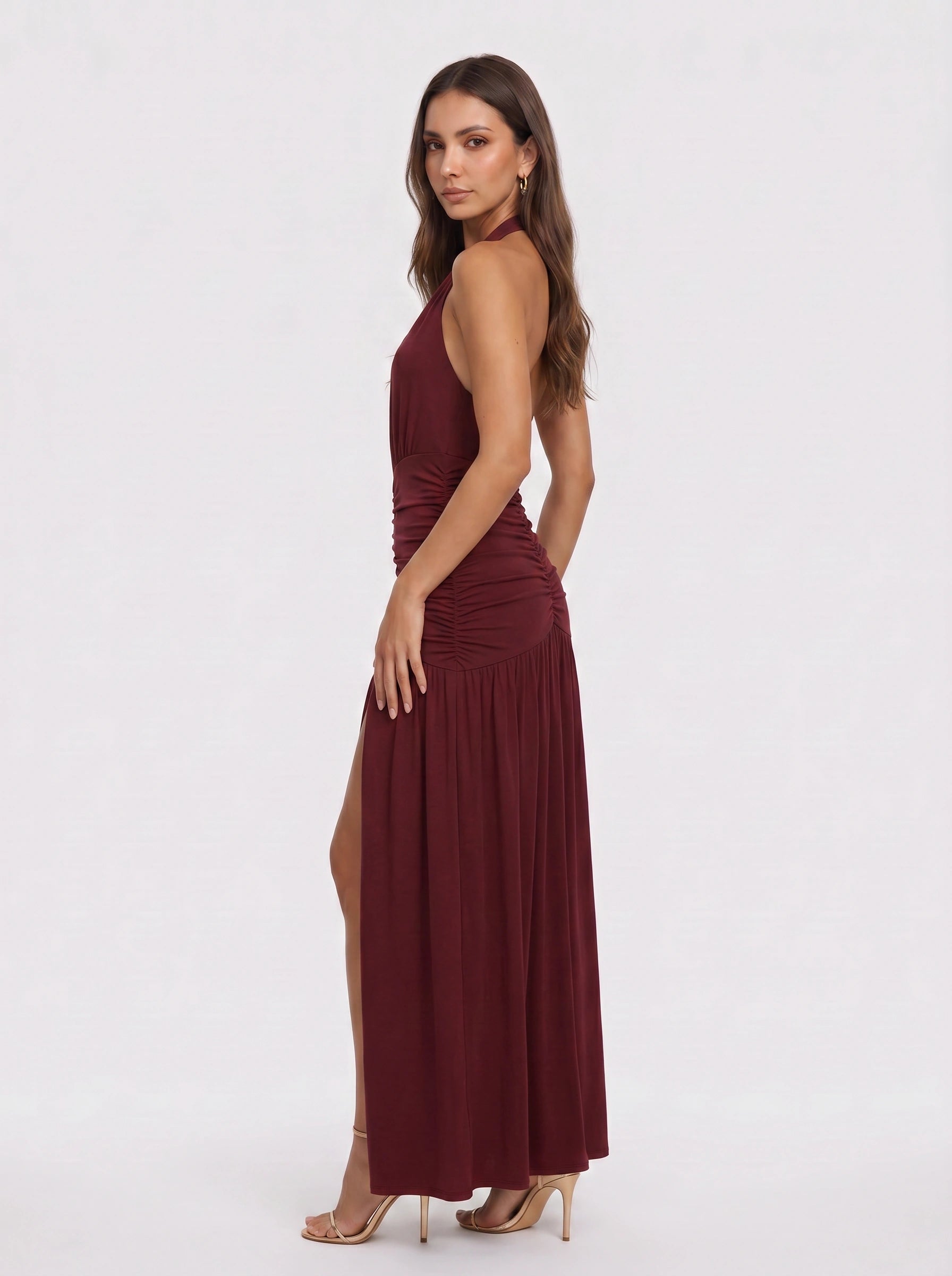Granaze Halter Neck Ruched Maxi Dress – Plunge Neck Women Evening Wedding Guest Formal Bodycon Maxi Dress