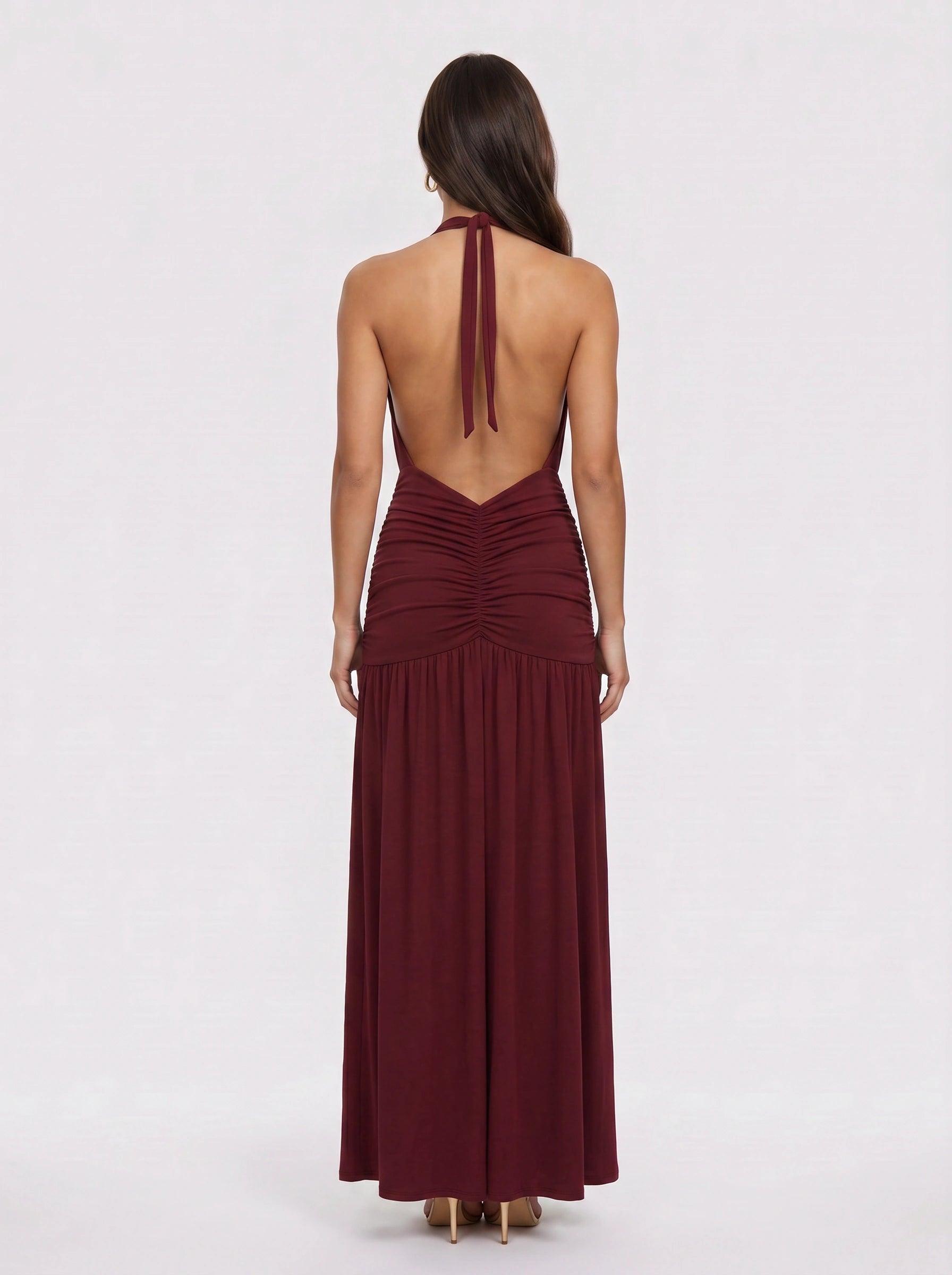 Granaze Halter Neck Ruched Maxi Dress – Plunge Neck Women Evening Wedding Guest Formal Bodycon Maxi Dress
