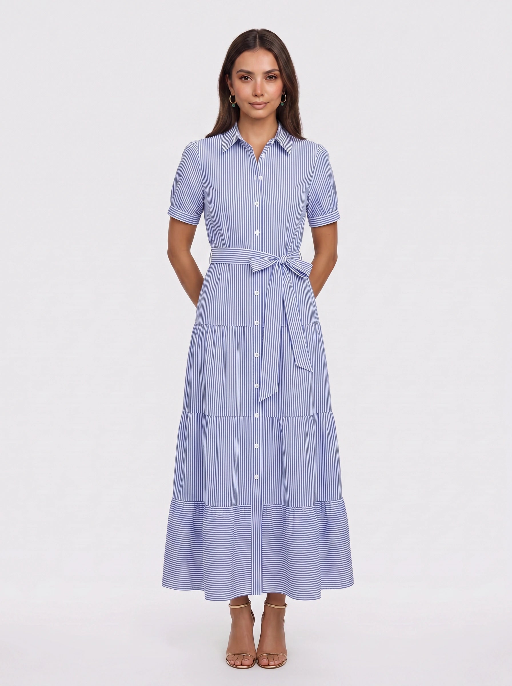 Rigatta Tiered Shirt Maxi Dress – Button-Down Women Long Sleeve Cotton Casual Summer Vacation Maxi Dress