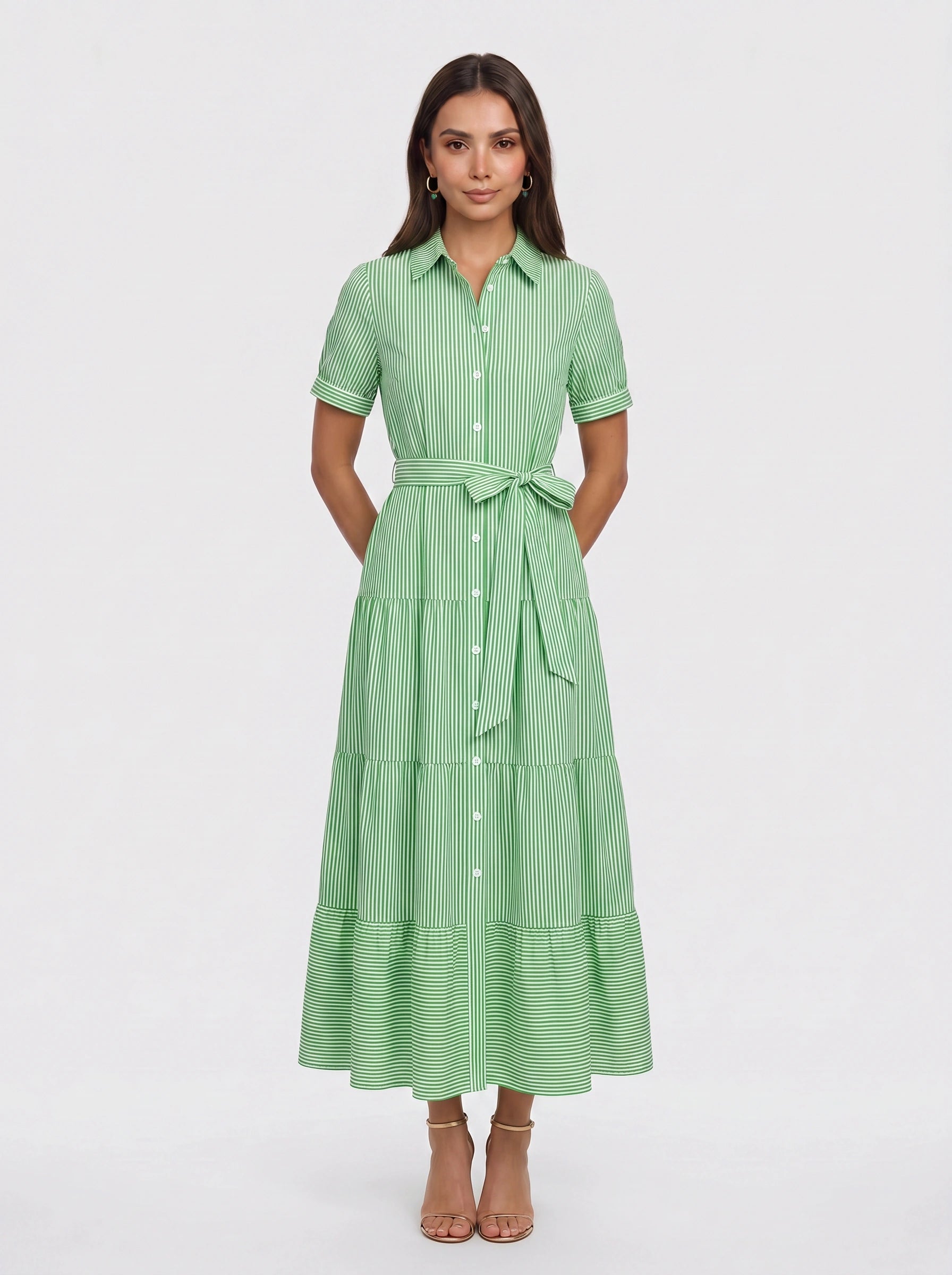 Rigatta Tiered Shirt Maxi Dress – Button-Down Women Long Sleeve Cotton Casual Summer Vacation Maxi Dress
