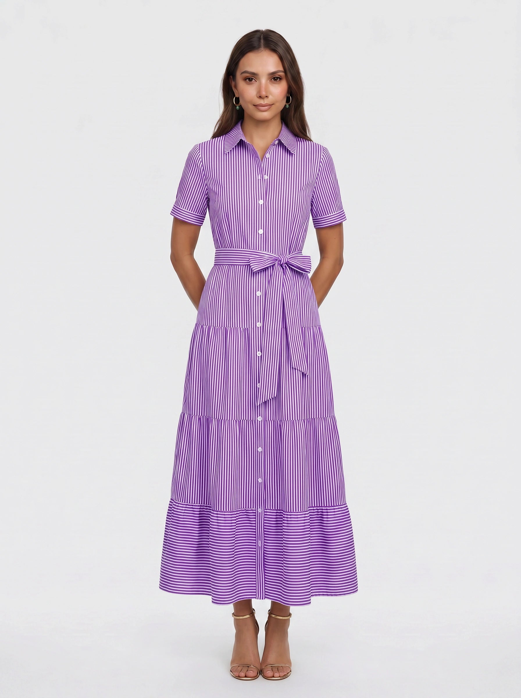 Rigatta Tiered Shirt Maxi Dress – Button-Down Women Long Sleeve Cotton Casual Summer Vacation Maxi Dress