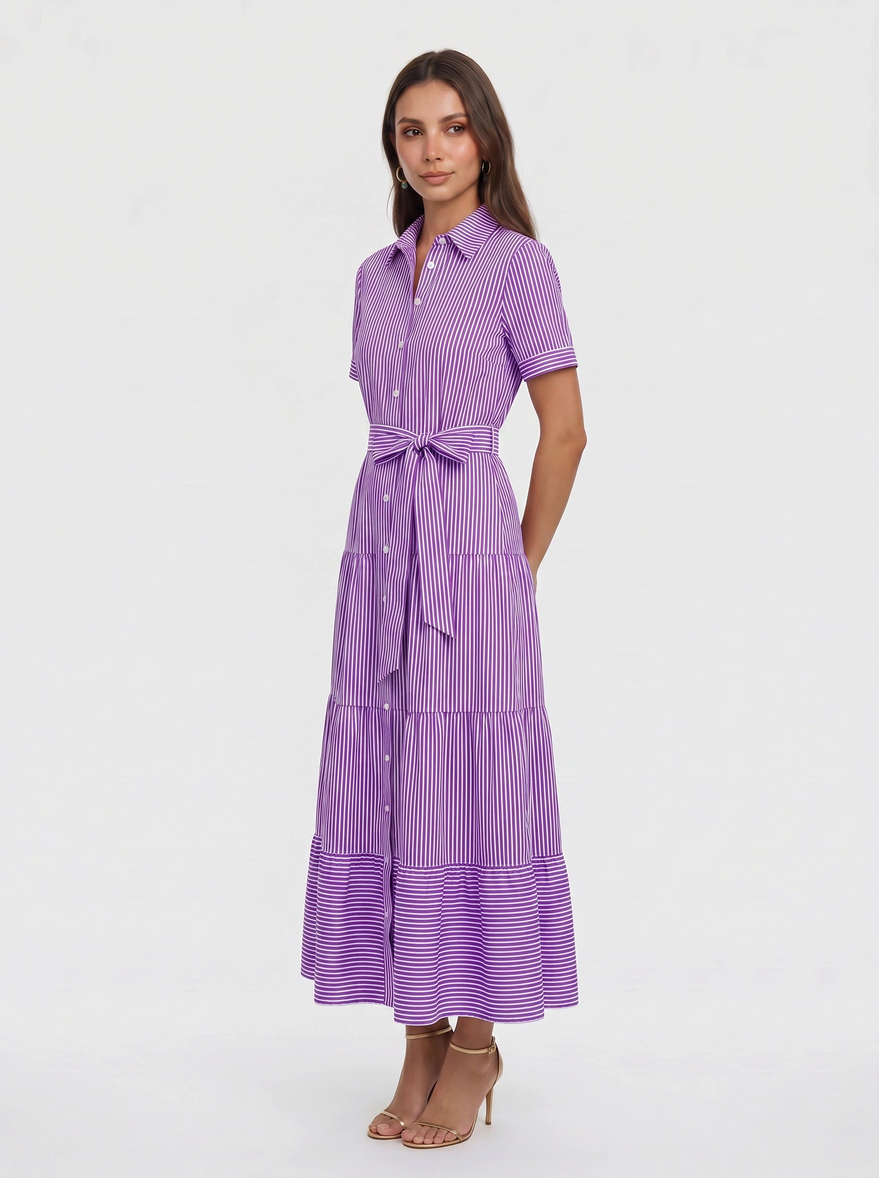 Rigatta Tiered Shirt Maxi Dress – Button-Down Women Long Sleeve Cotton Casual Summer Vacation Maxi Dress