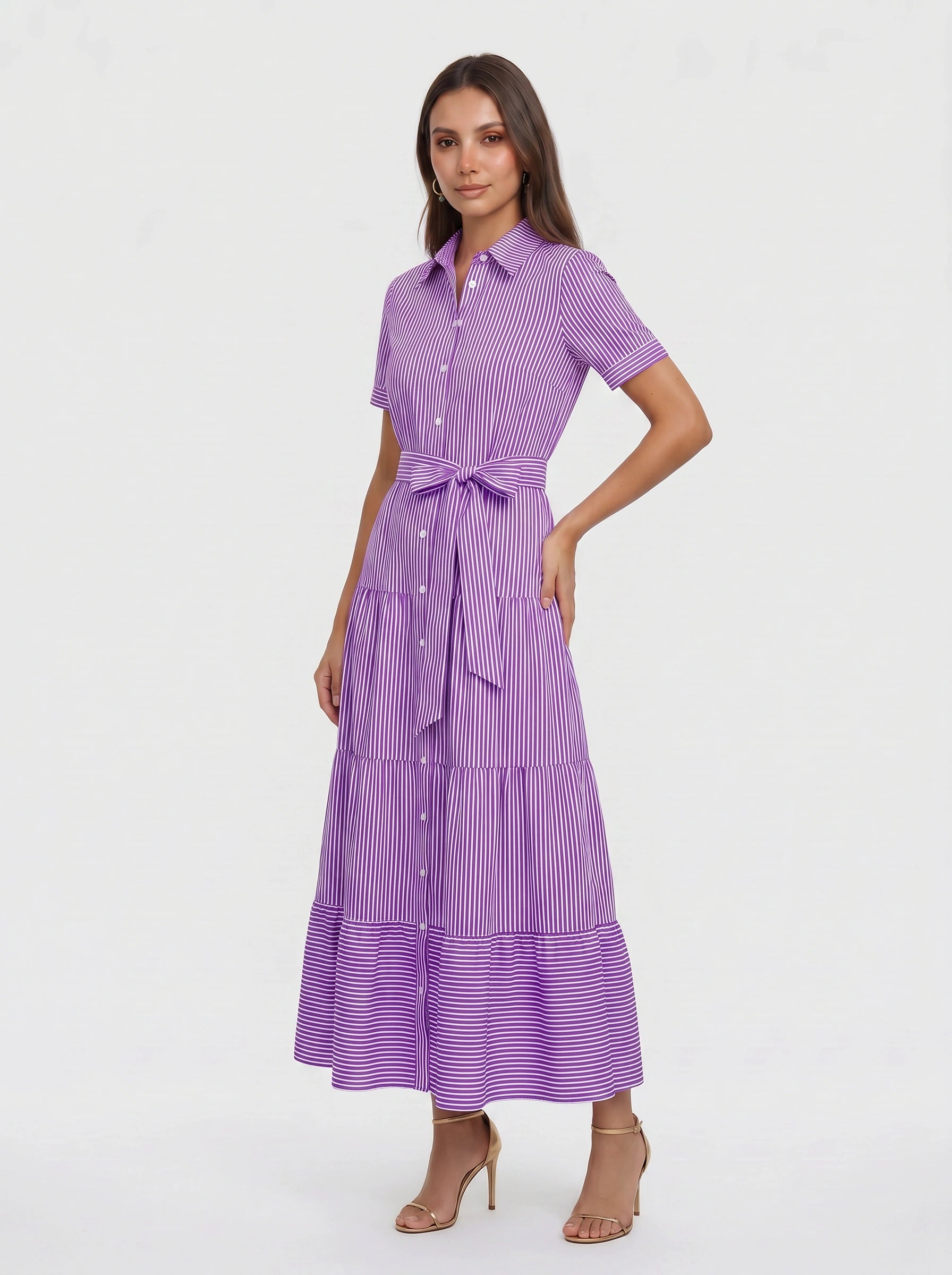 Rigatta Tiered Shirt Maxi Dress – Button-Down Women Long Sleeve Cotton Casual Summer Vacation Maxi Dress