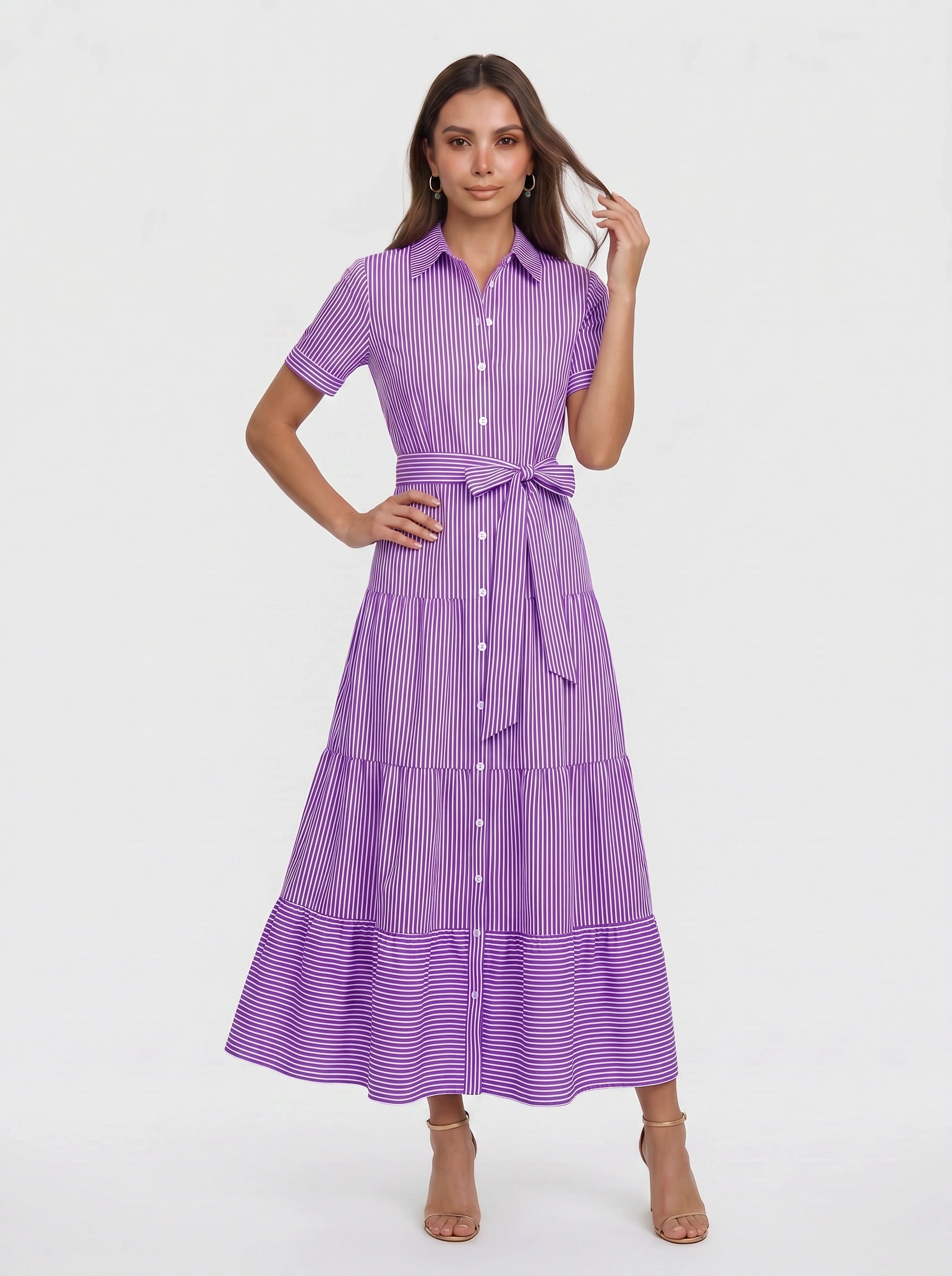 Rigatta Tiered Shirt Maxi Dress – Button-Down Women Long Sleeve Cotton Casual Summer Vacation Maxi Dress