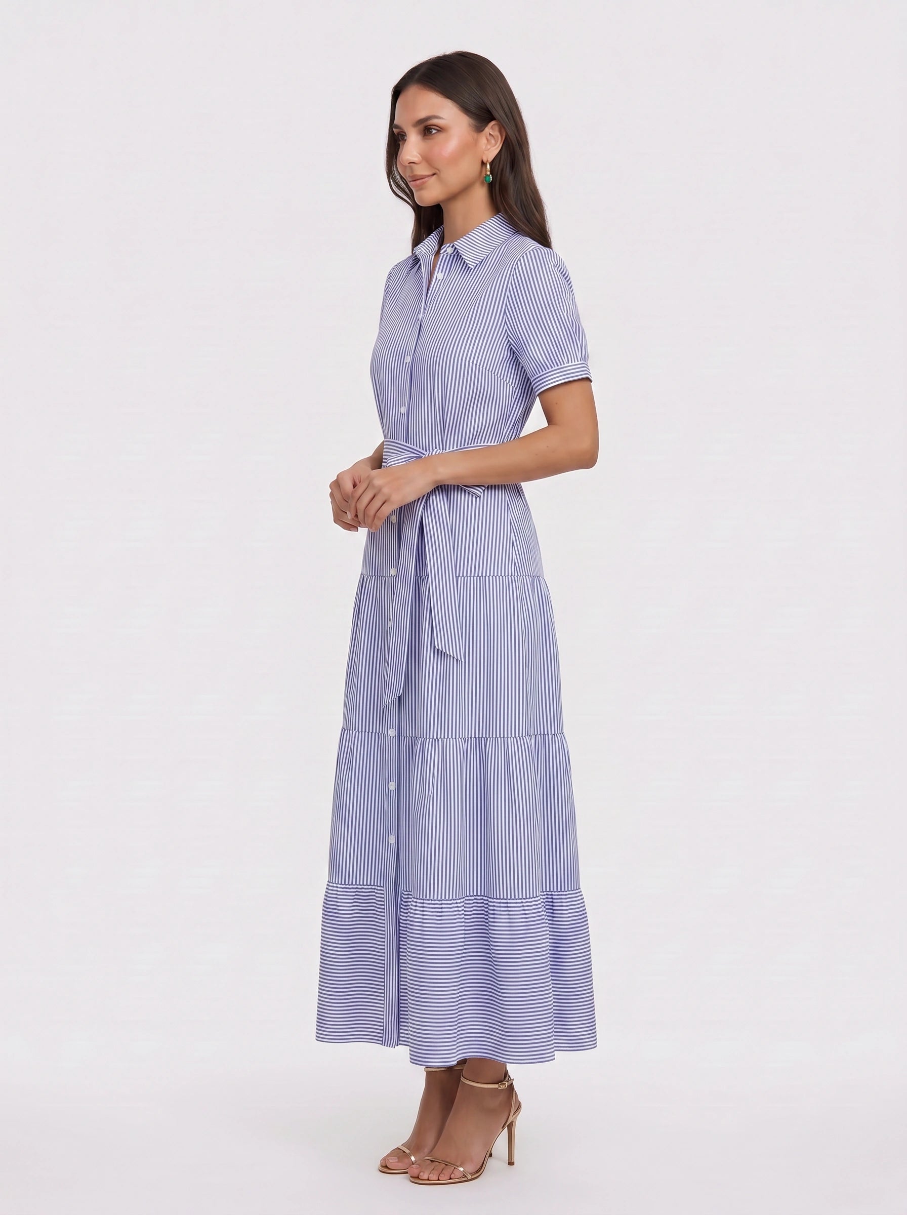 Rigatta Tiered Shirt Maxi Dress – Button-Down Women Long Sleeve Cotton Casual Summer Vacation Maxi Dress