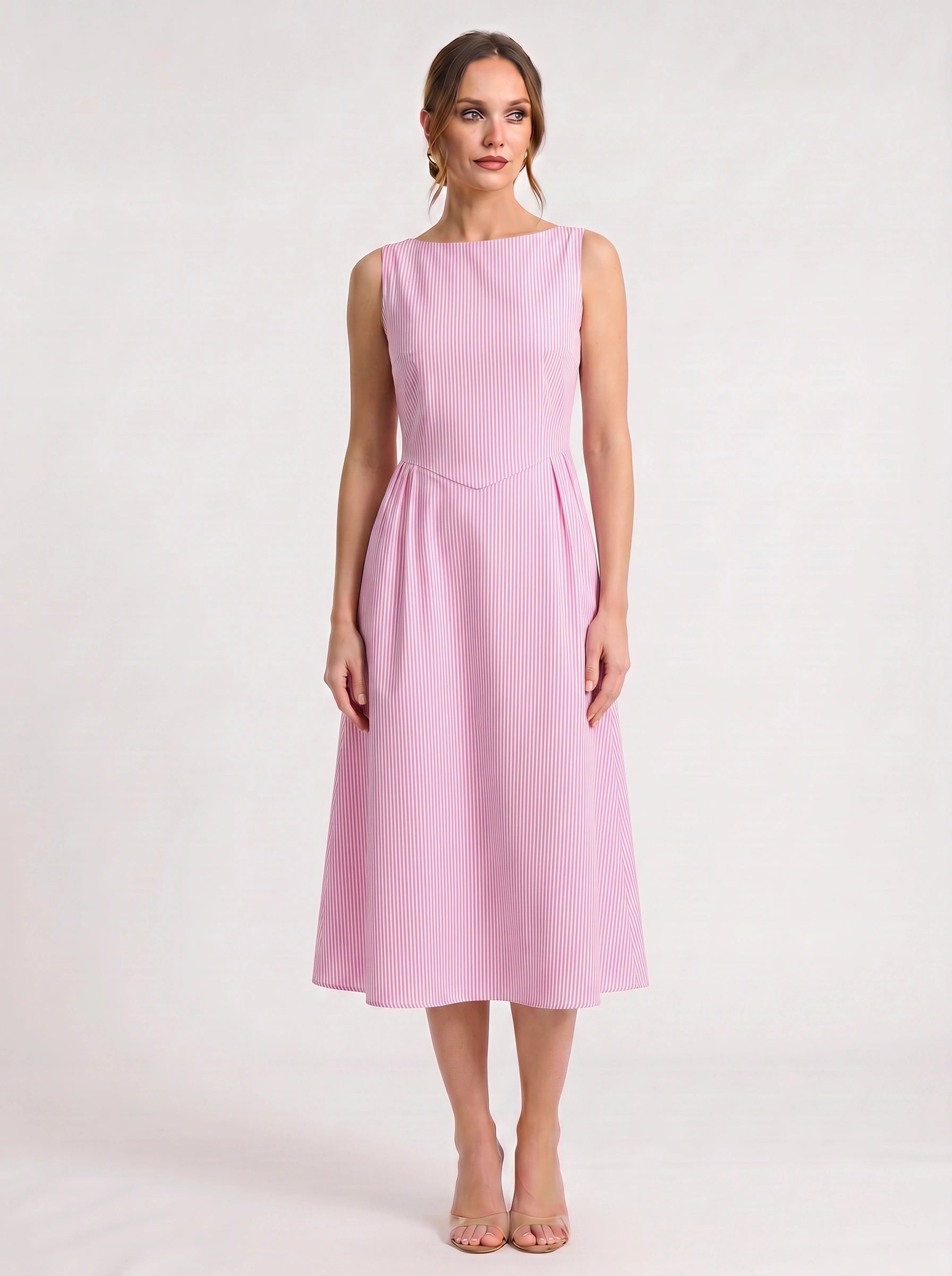 Rigata Boat Neck Midi Dress – Striped Sleeveless Women Formal Wedding Guest Cocktail Party Midi Dress