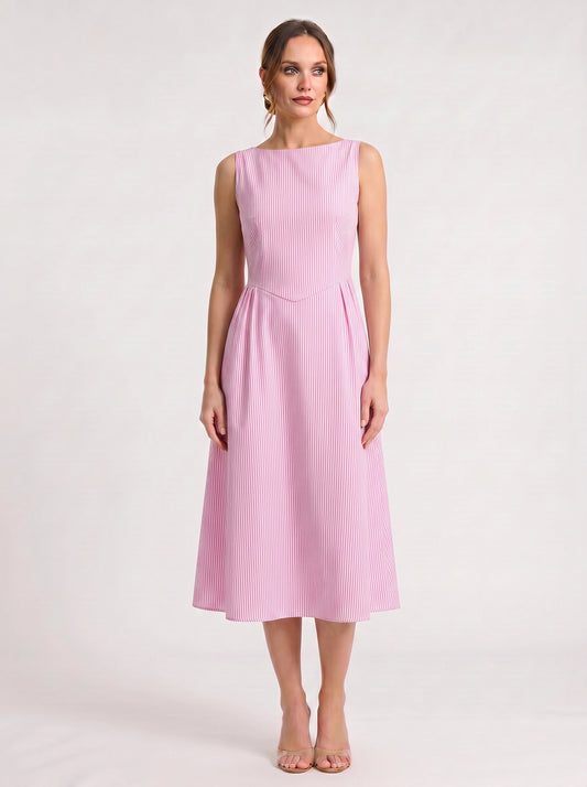 Rigata Boat Neck Midi Dress – Striped Sleeveless Women Formal Wedding Guest Cocktail Party Midi Dress