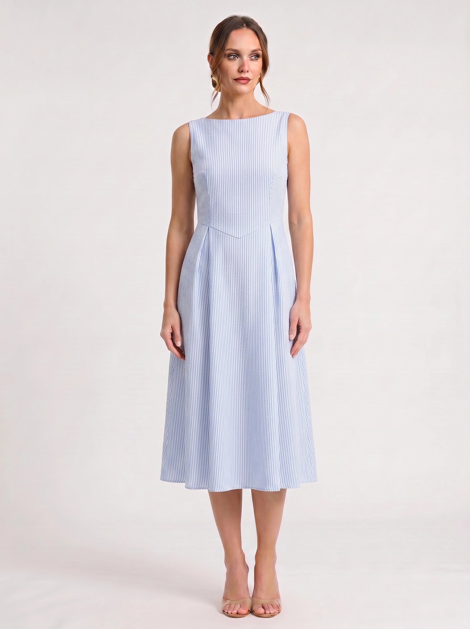 Rigata Boat Neck Midi Dress – Striped Sleeveless Women Formal Wedding Guest Cocktail Party Midi Dress