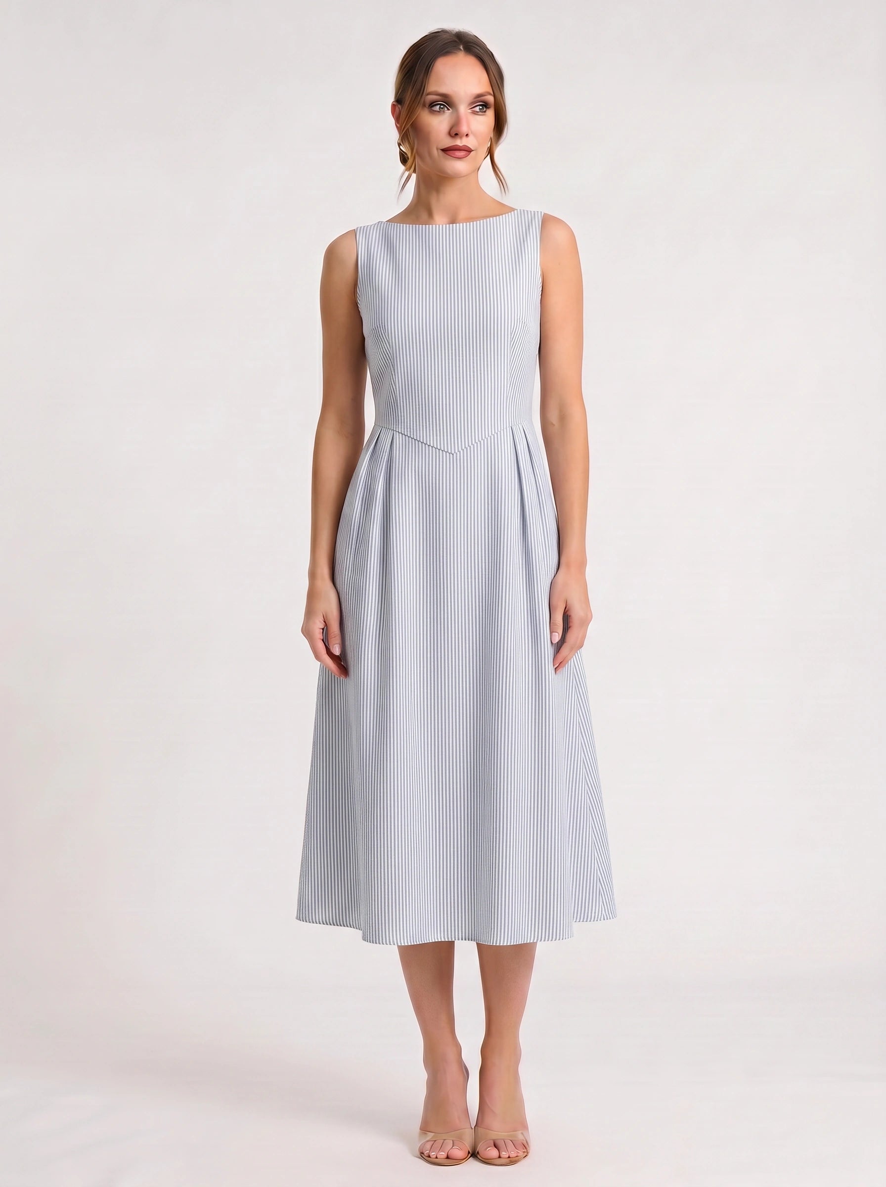 Rigata Boat Neck Midi Dress – Striped Sleeveless Women Formal Wedding Guest Cocktail Party Midi Dress