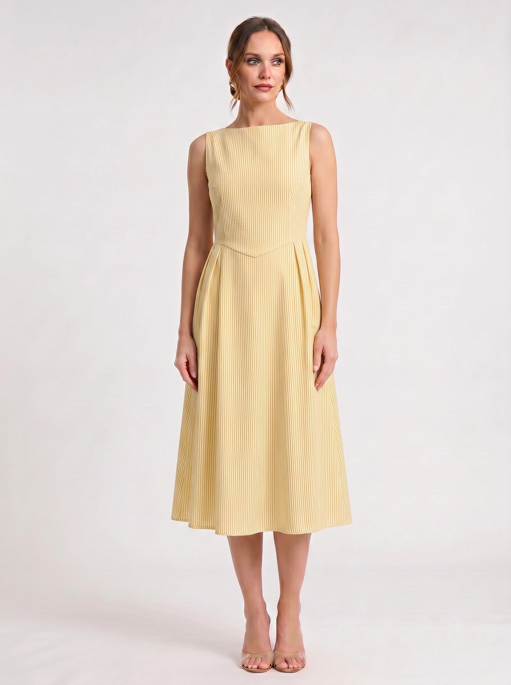 Rigata Boat Neck Midi Dress – Striped Sleeveless Women Formal Wedding Guest Cocktail Party Midi Dress