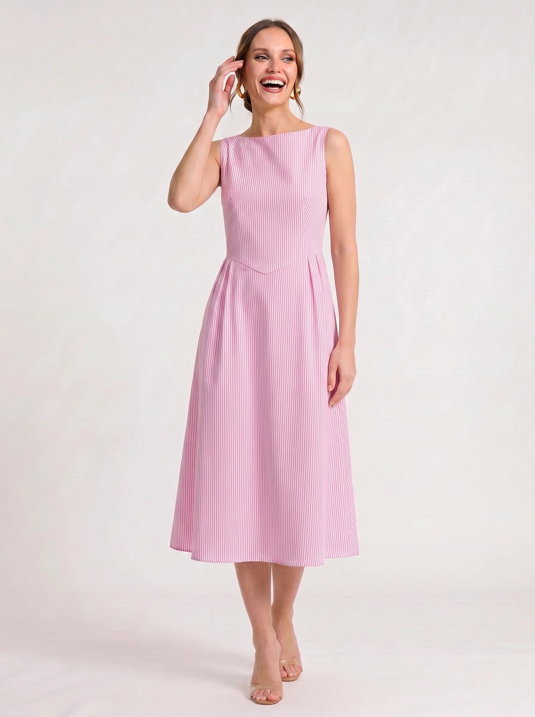 Rigata Boat Neck Midi Dress – Striped Sleeveless Women Formal Wedding Guest Cocktail Party Midi Dress