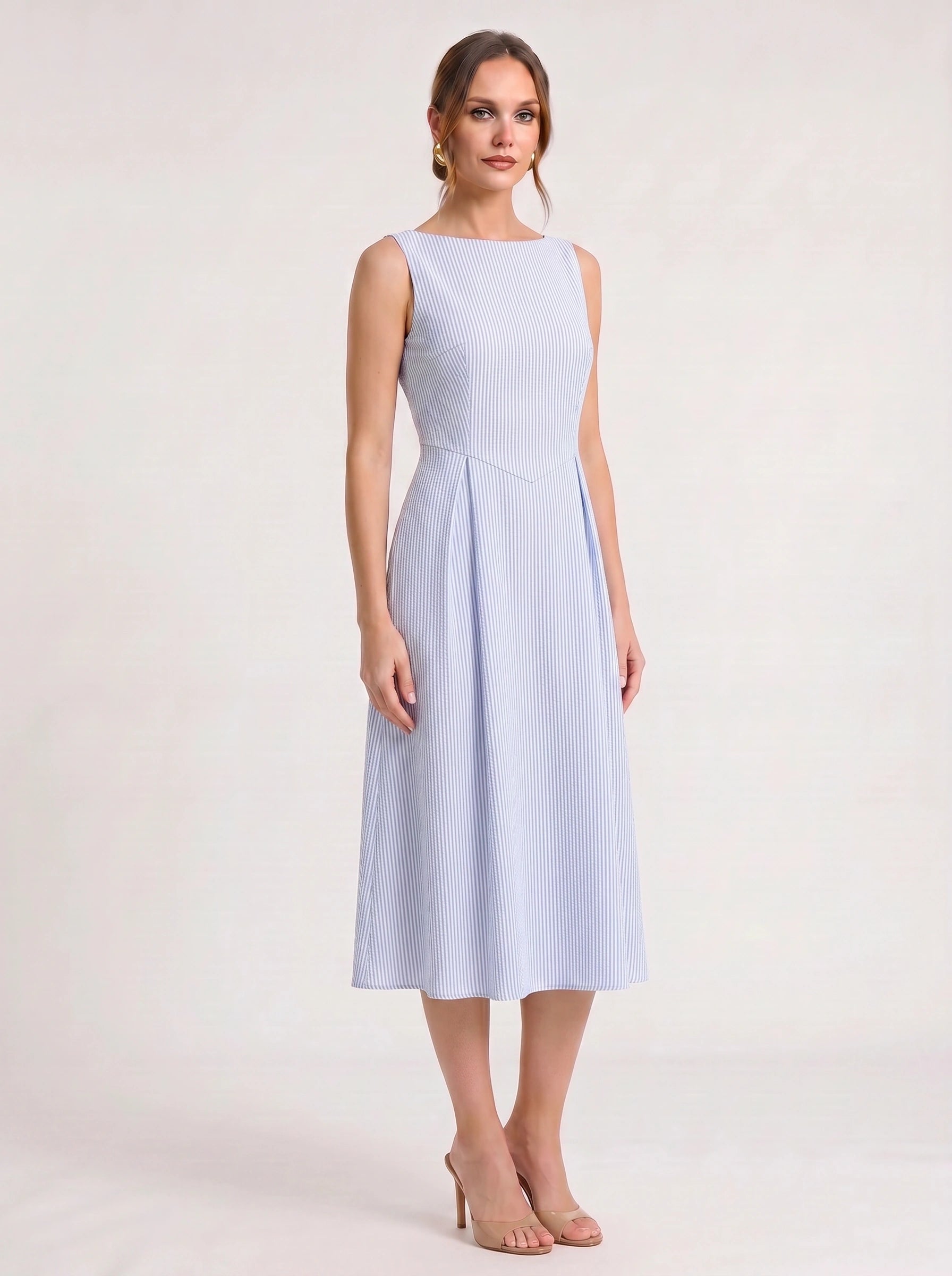 Rigata Boat Neck Midi Dress – Striped Sleeveless Women Formal Wedding Guest Cocktail Party Midi Dress