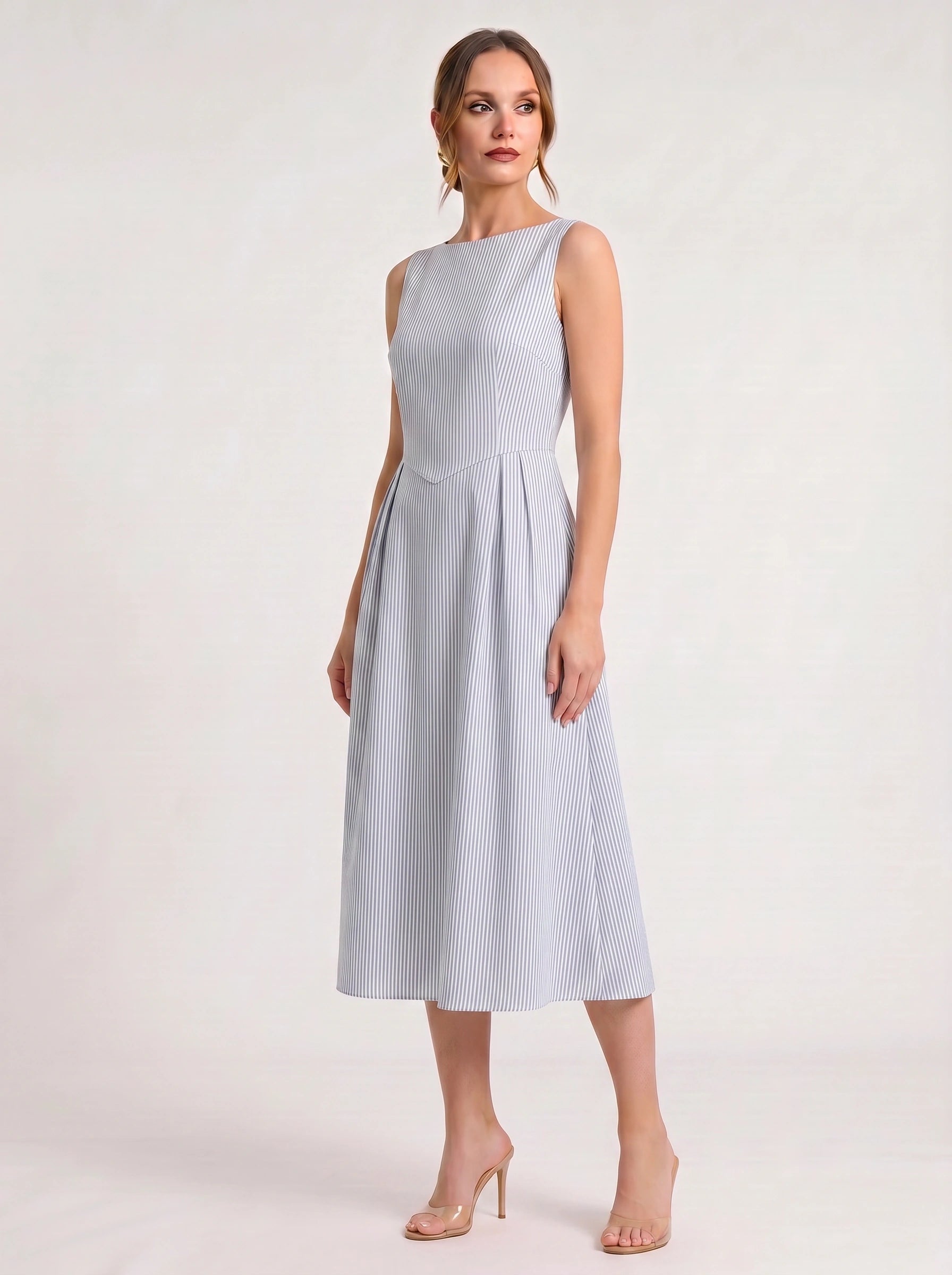 Rigata Boat Neck Midi Dress – Striped Sleeveless Women Formal Wedding Guest Cocktail Party Midi Dress