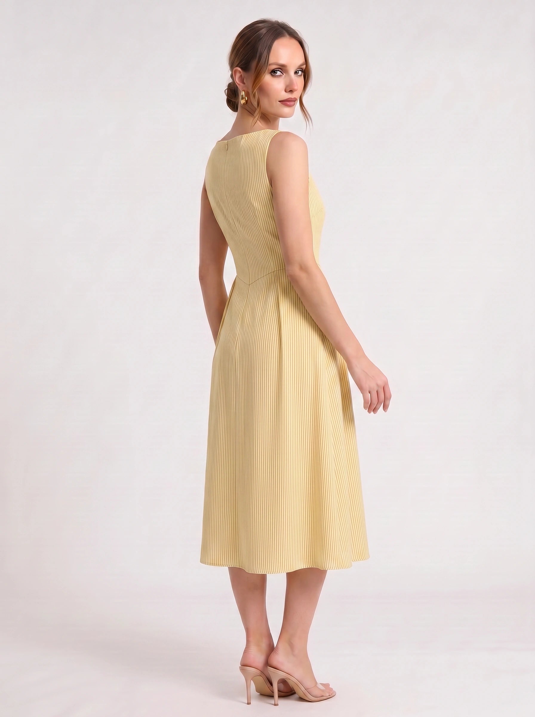 Rigata Boat Neck Midi Dress – Striped Sleeveless Women Formal Wedding Guest Cocktail Party Midi Dress