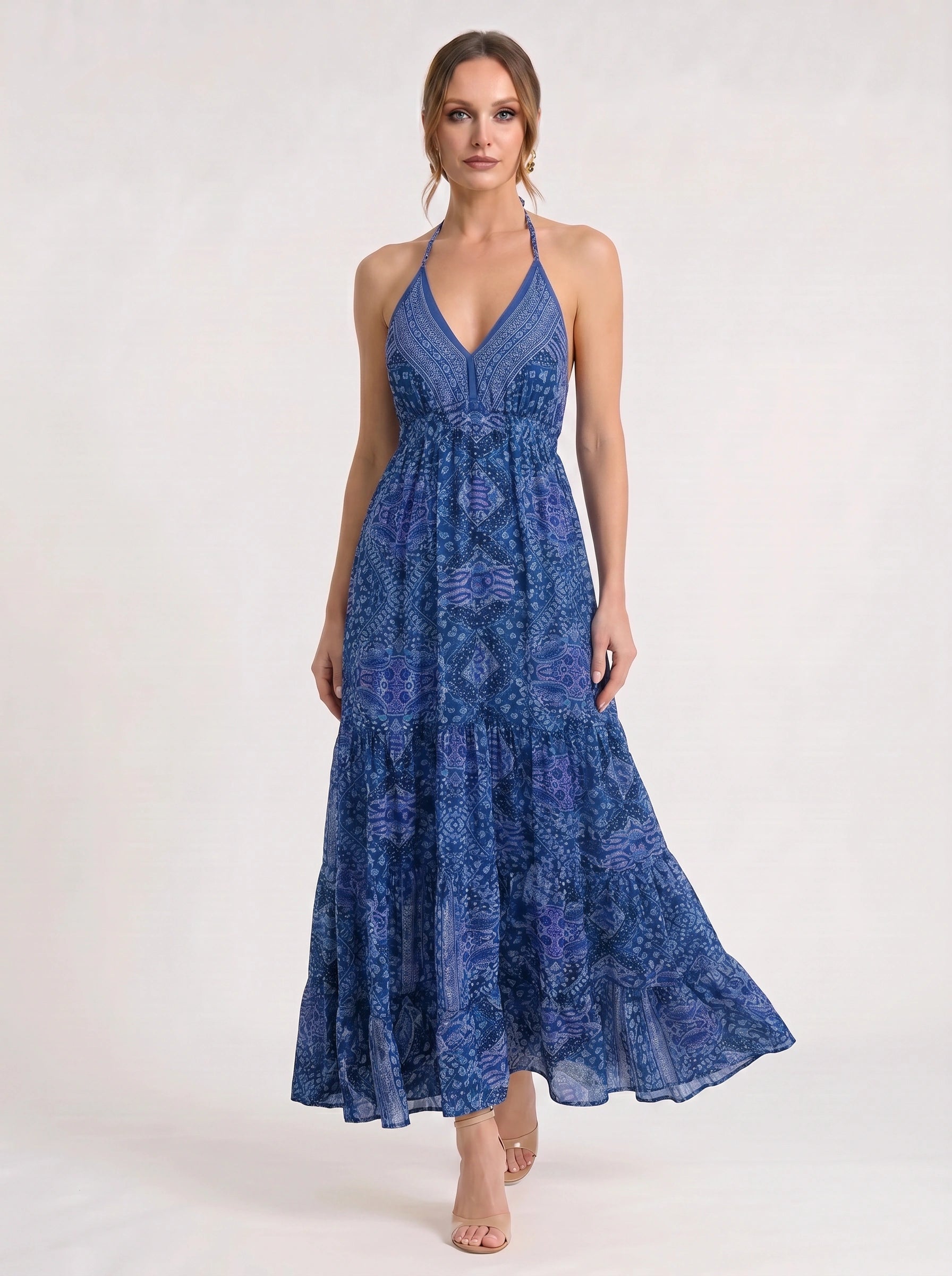 Indiri Halter Tiered Maxi Dress – Printed Spaghetti Strap Women Vacation Boho Cocktail Evening Maxi Dress