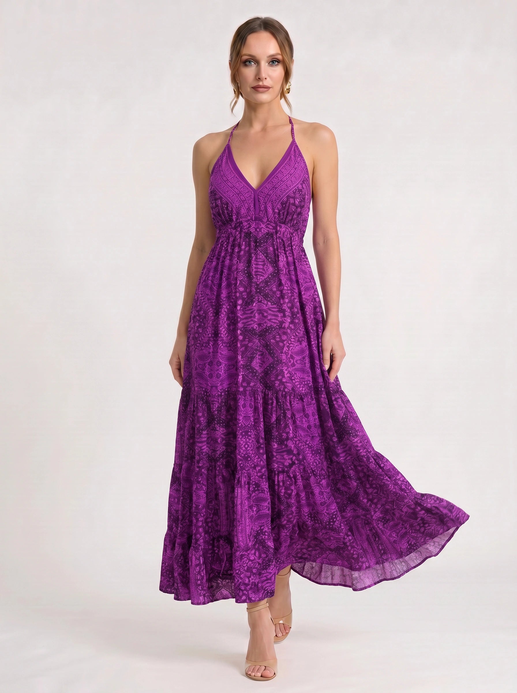 Indiri Halter Tiered Maxi Dress – Printed Spaghetti Strap Women Vacation Boho Cocktail Evening Maxi Dress