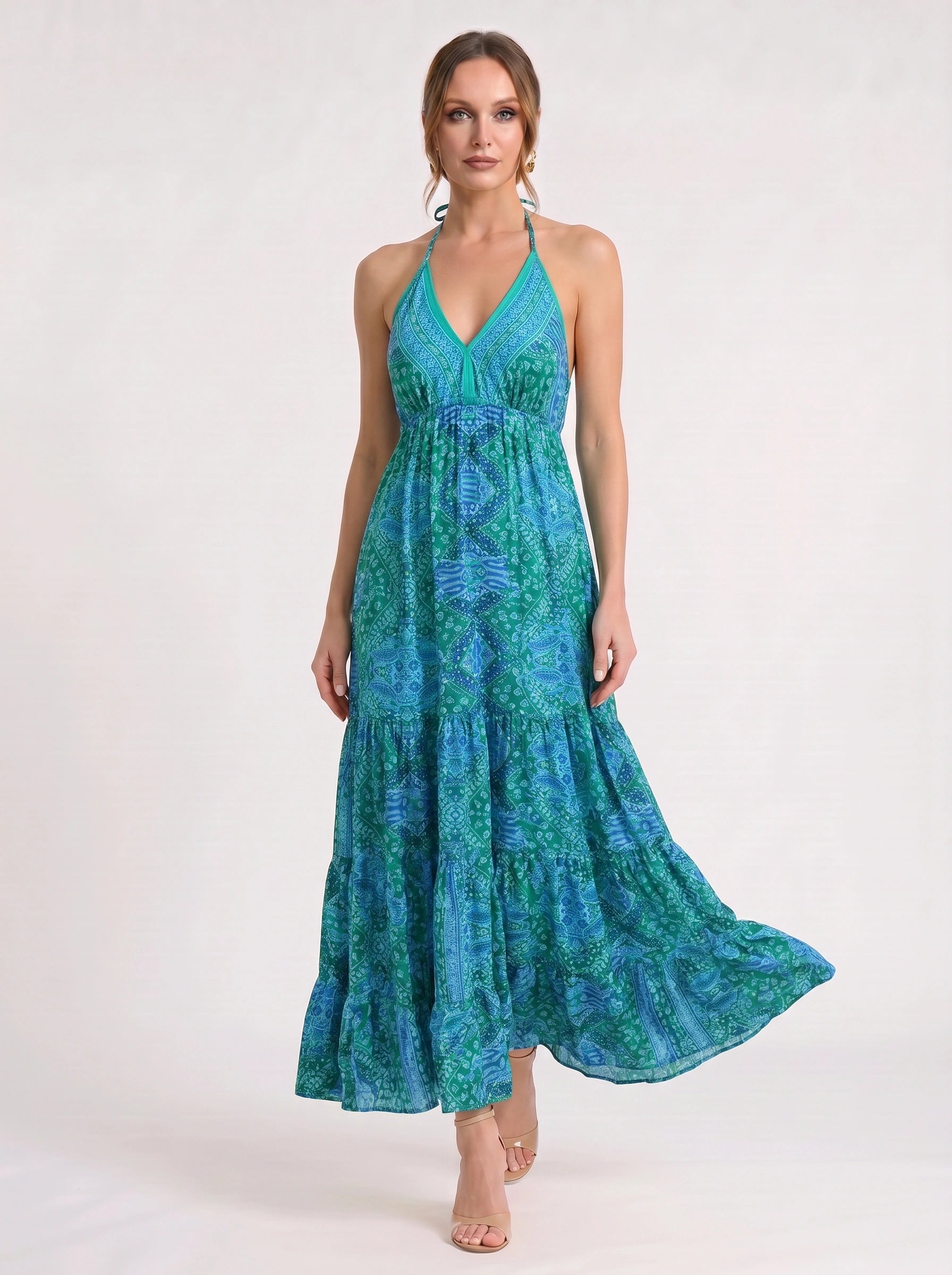 Indiri Halter Tiered Maxi Dress – Printed Spaghetti Strap Women Vacation Boho Cocktail Evening Maxi Dress