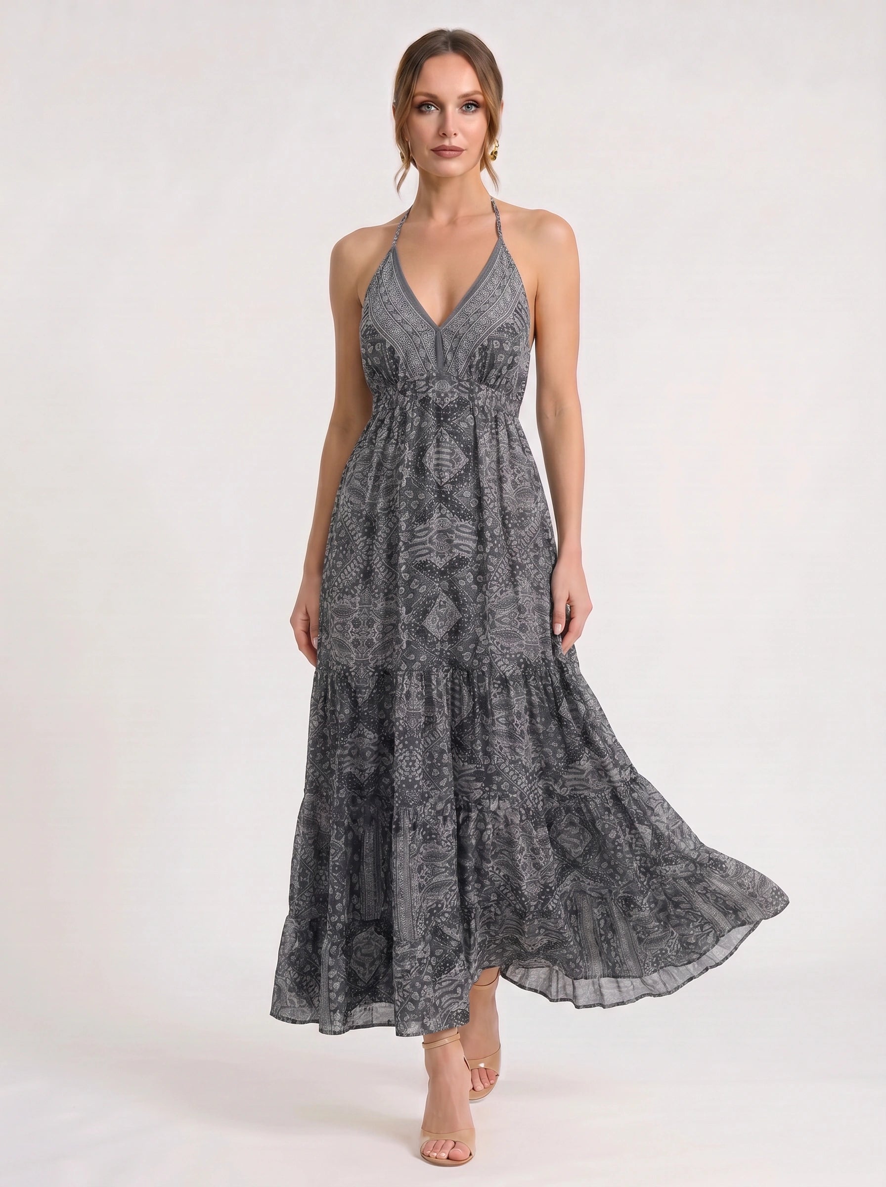 Indiri Halter Tiered Maxi Dress – Printed Spaghetti Strap Women Vacation Boho Cocktail Evening Maxi Dress