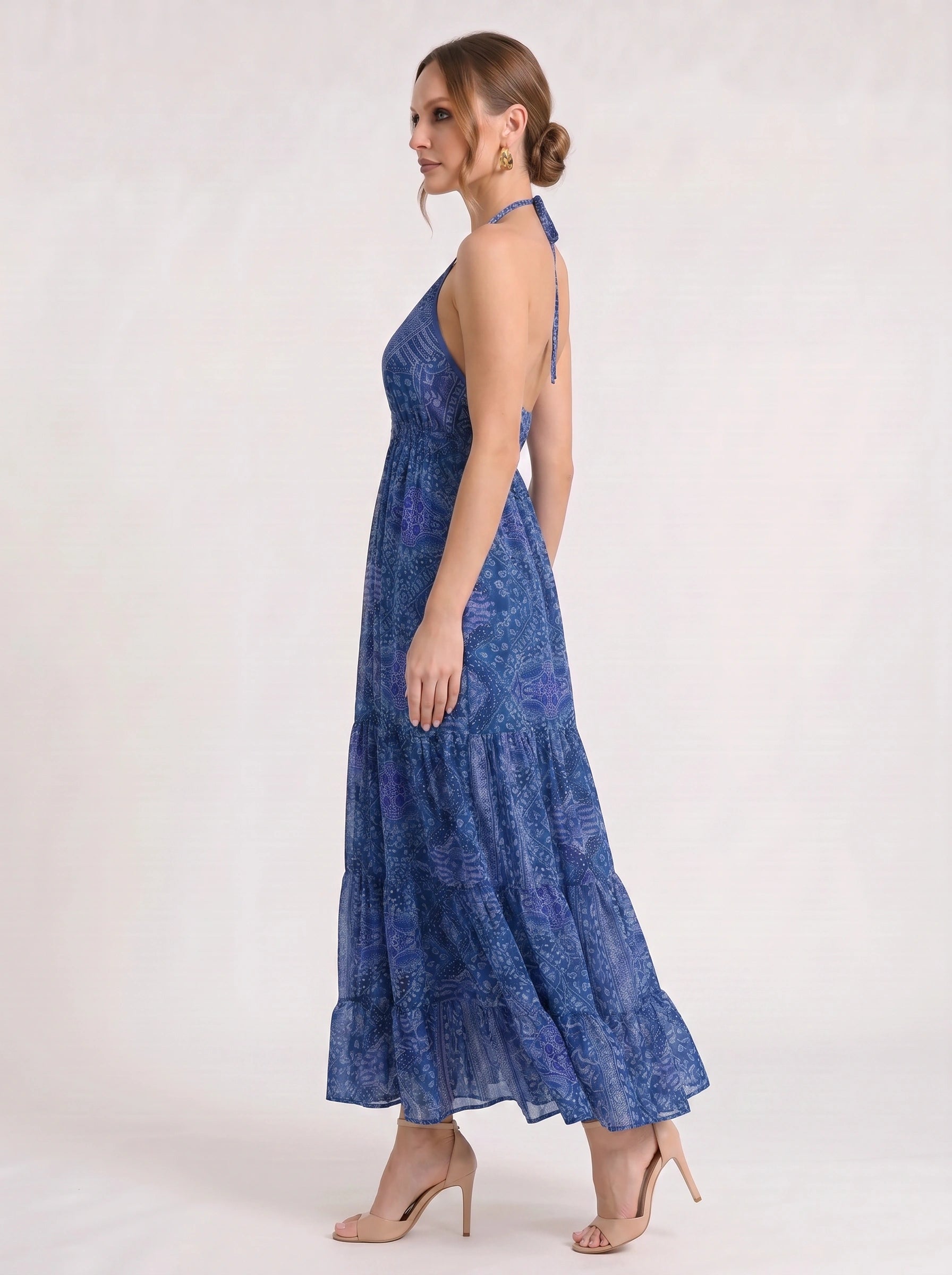 Indiri Halter Tiered Maxi Dress – Printed Spaghetti Strap Women Vacation Boho Cocktail Evening Maxi Dress