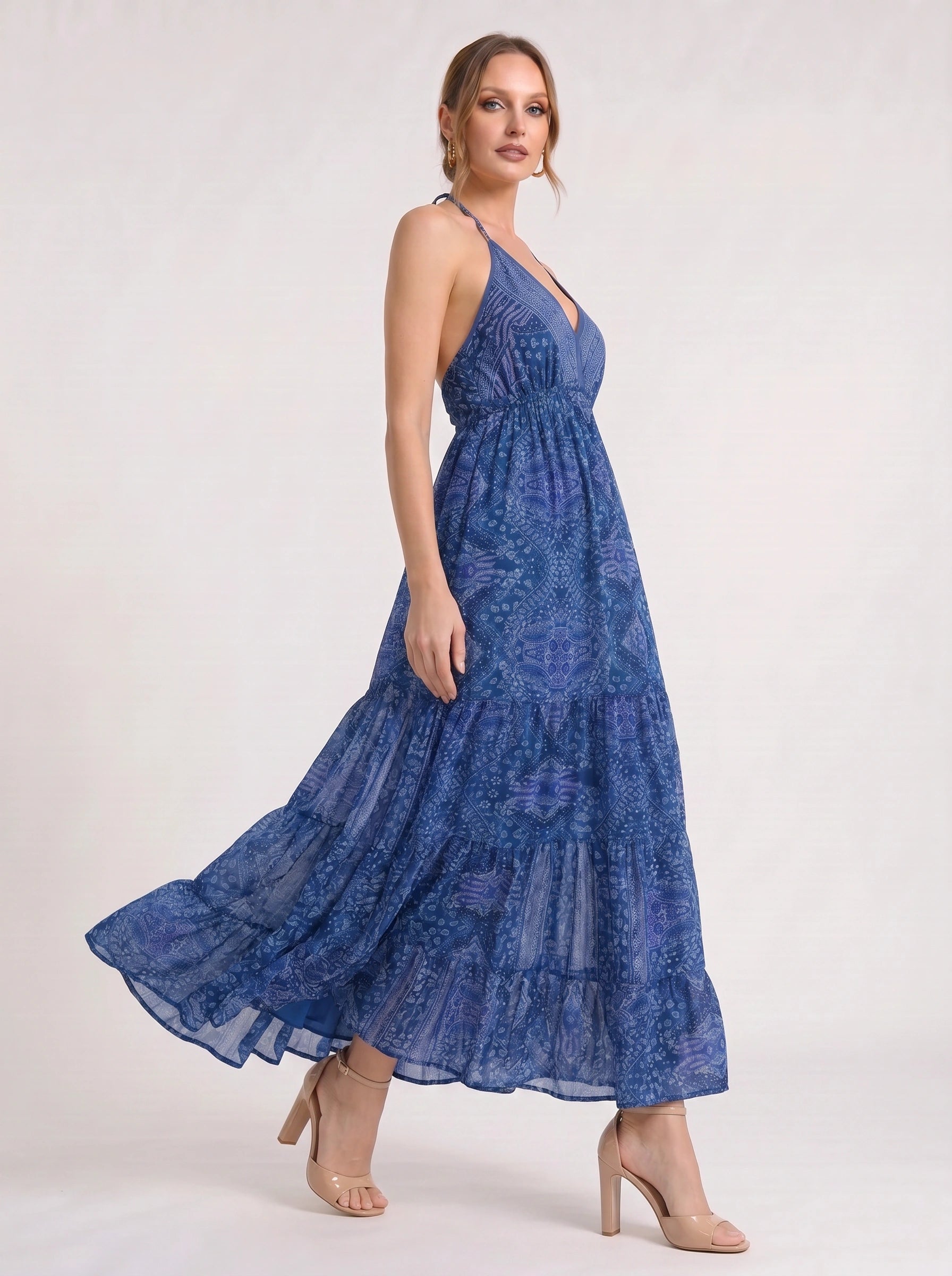 Indiri Halter Tiered Maxi Dress – Printed Spaghetti Strap Women Vacation Boho Cocktail Evening Maxi Dress