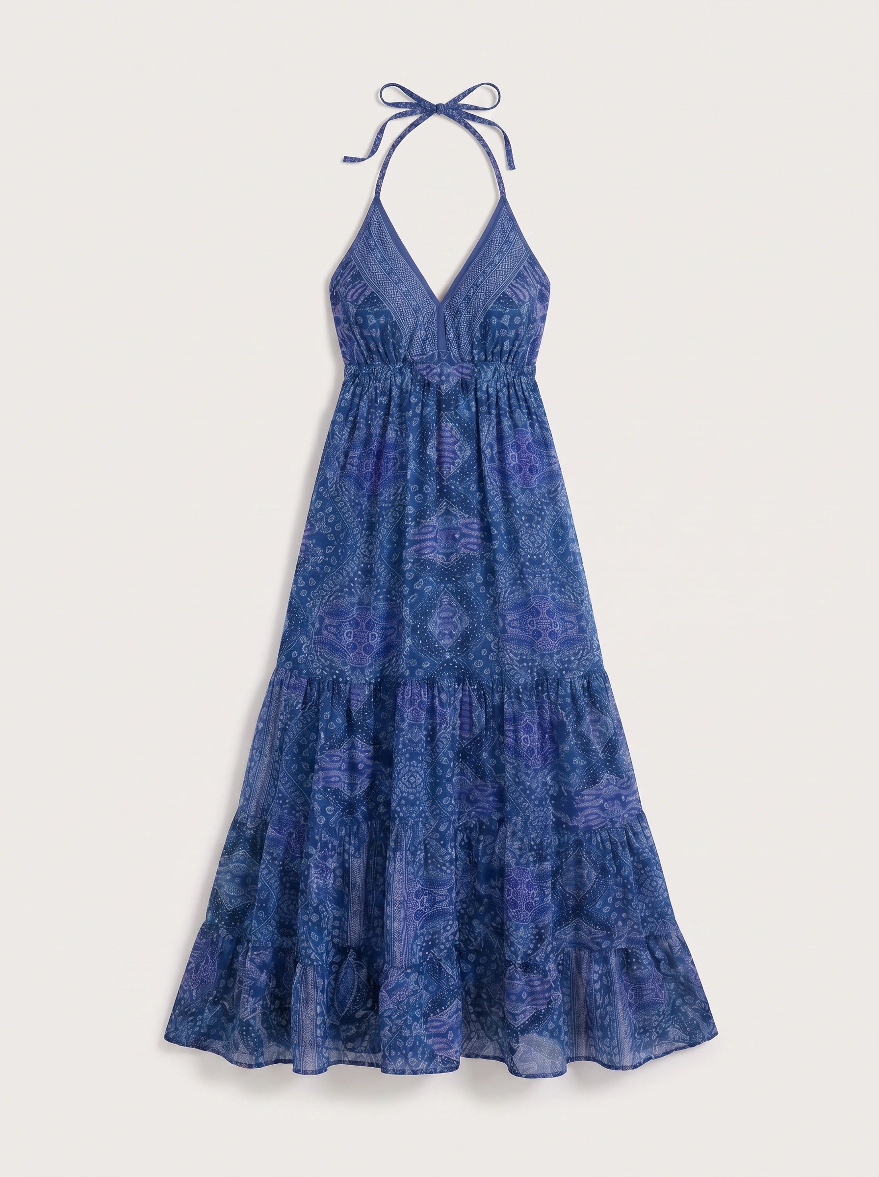 Indiri Halter Tiered Maxi Dress – Printed Spaghetti Strap Women Vacation Boho Cocktail Evening Maxi Dress
