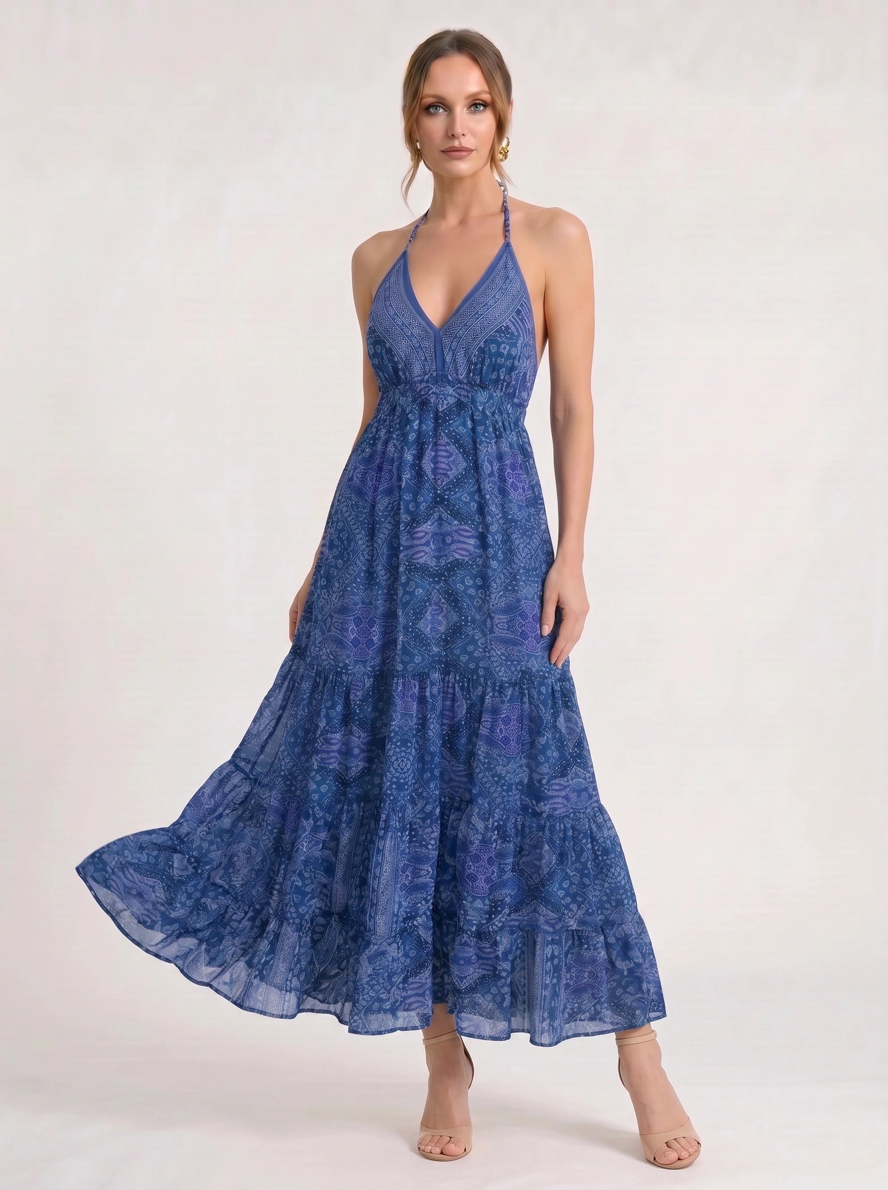 Indiri Halter Tiered Maxi Dress – Printed Spaghetti Strap Women Vacation Boho Cocktail Evening Maxi Dress