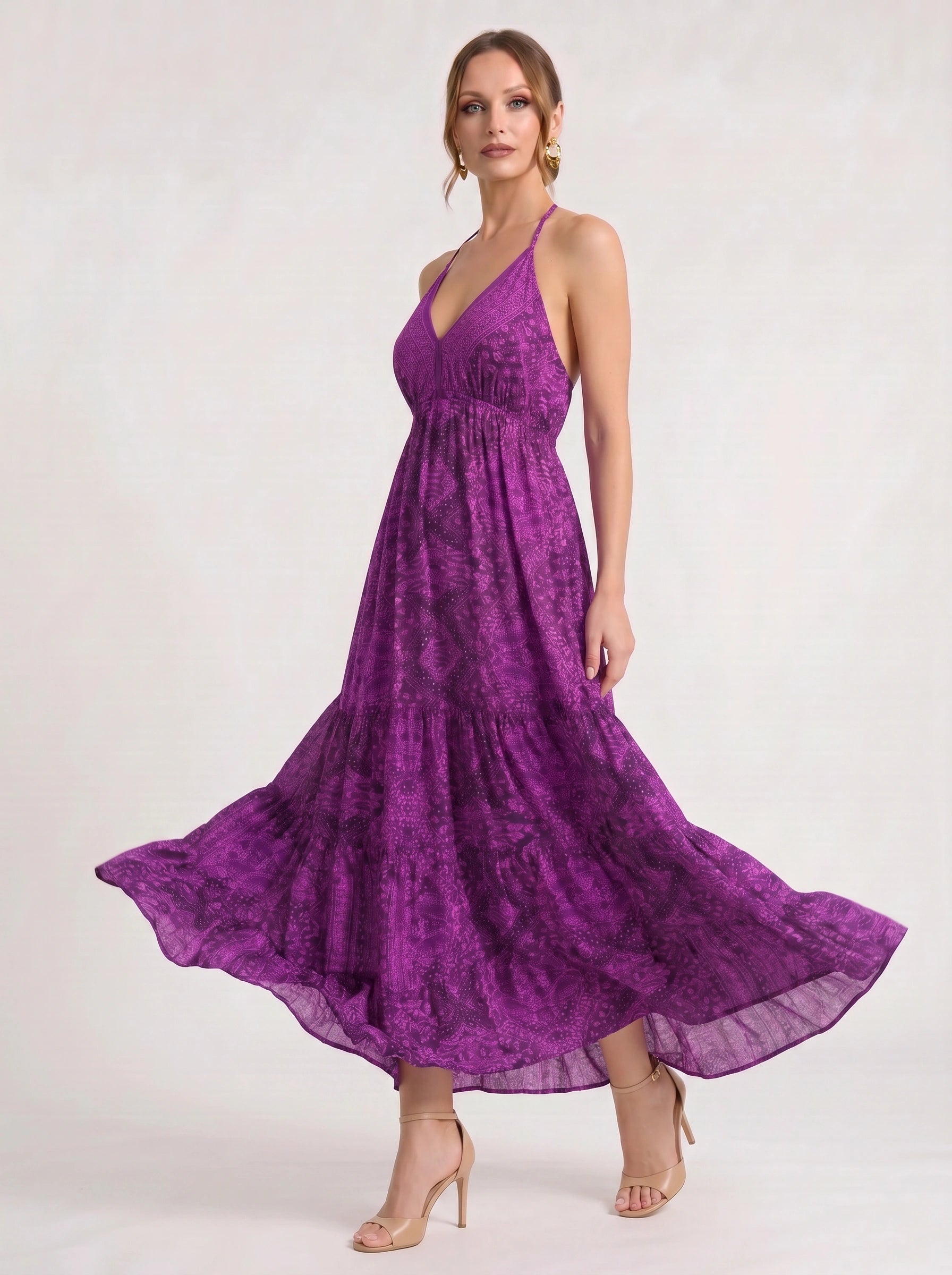 Indiri Halter Tiered Maxi Dress – Printed Spaghetti Strap Women Vacation Boho Cocktail Evening Maxi Dress