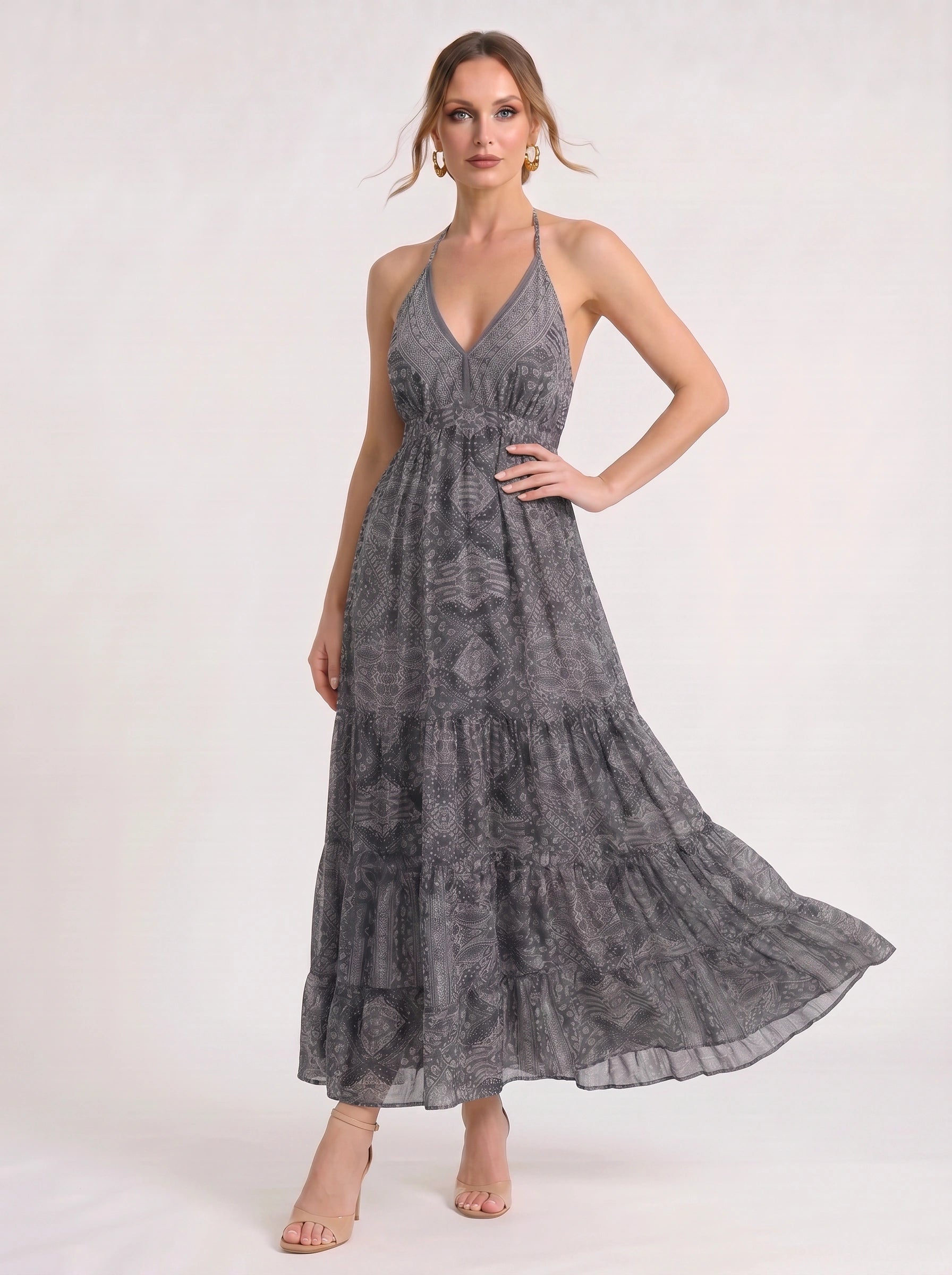 Indiri Halter Tiered Maxi Dress – Printed Spaghetti Strap Women Vacation Boho Cocktail Evening Maxi Dress
