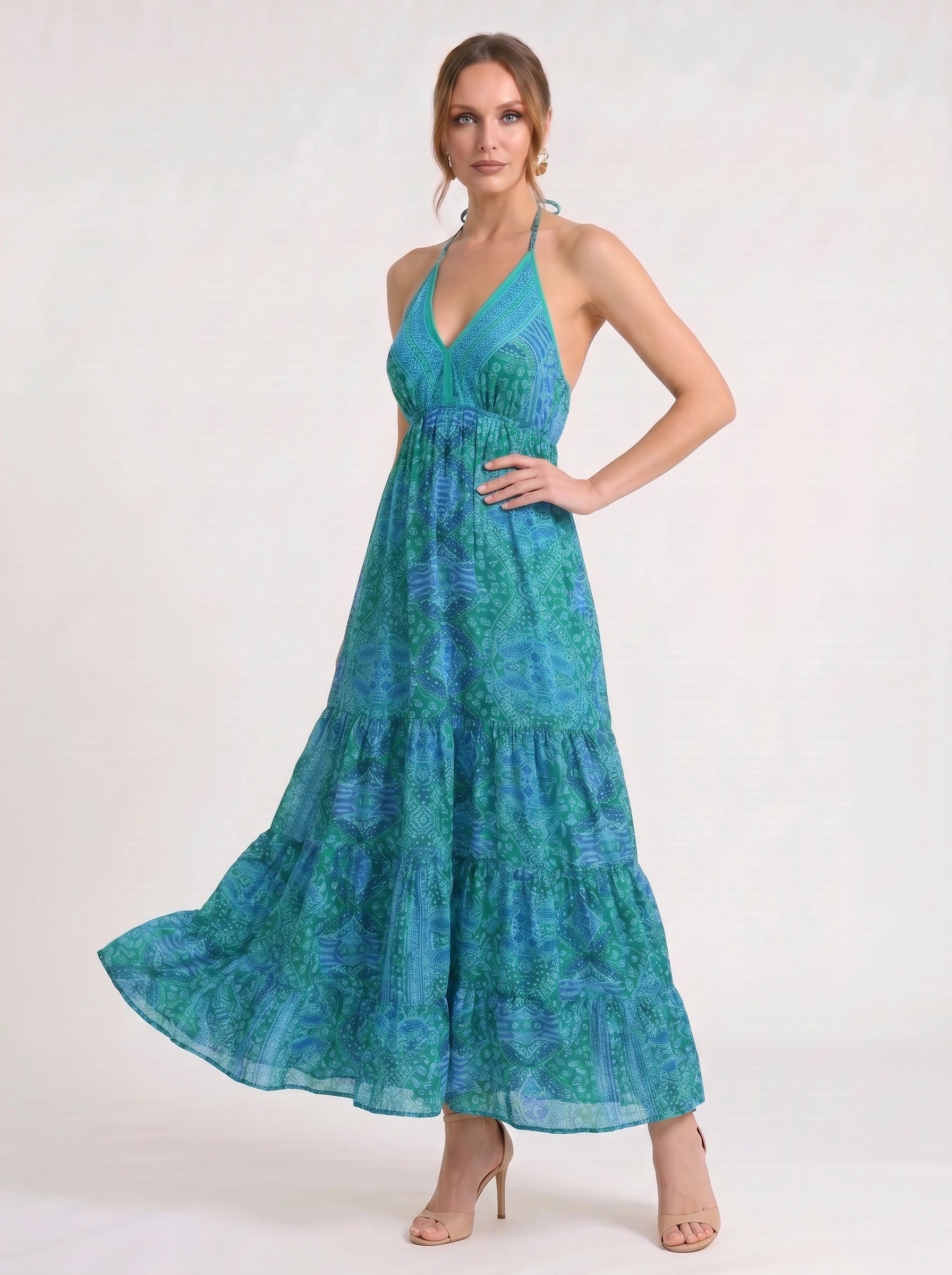 Indiri Halter Tiered Maxi Dress – Printed Spaghetti Strap Women Vacation Boho Cocktail Evening Maxi Dress