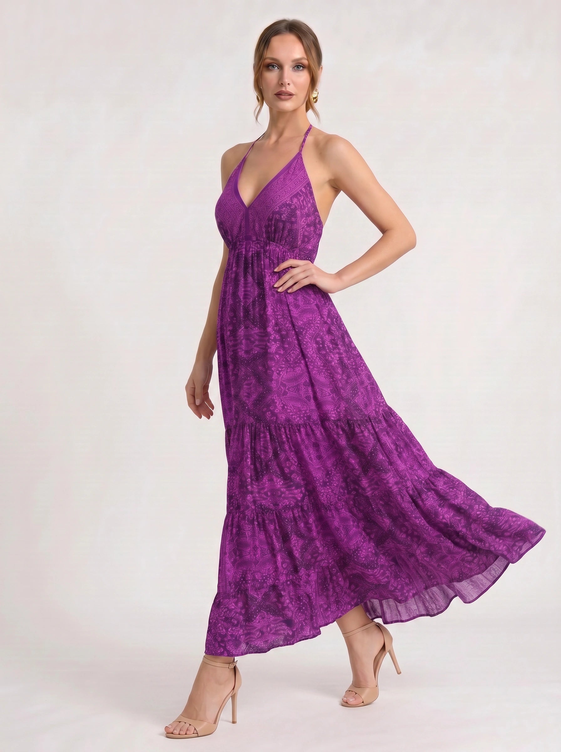 Indiri Halter Tiered Maxi Dress – Printed Spaghetti Strap Women Vacation Boho Cocktail Evening Maxi Dress