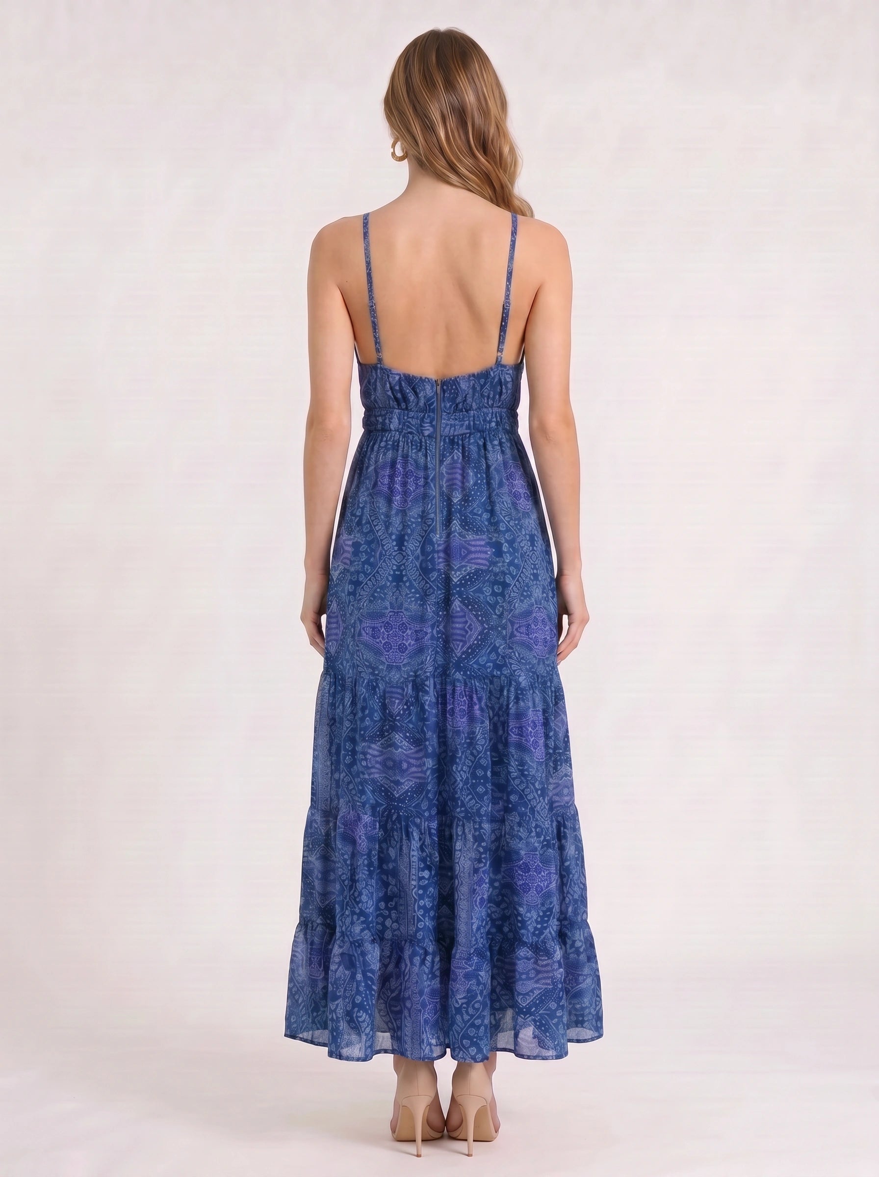 Indiri Halter Tiered Maxi Dress – Printed Spaghetti Strap Women Vacation Boho Cocktail Evening Maxi Dress