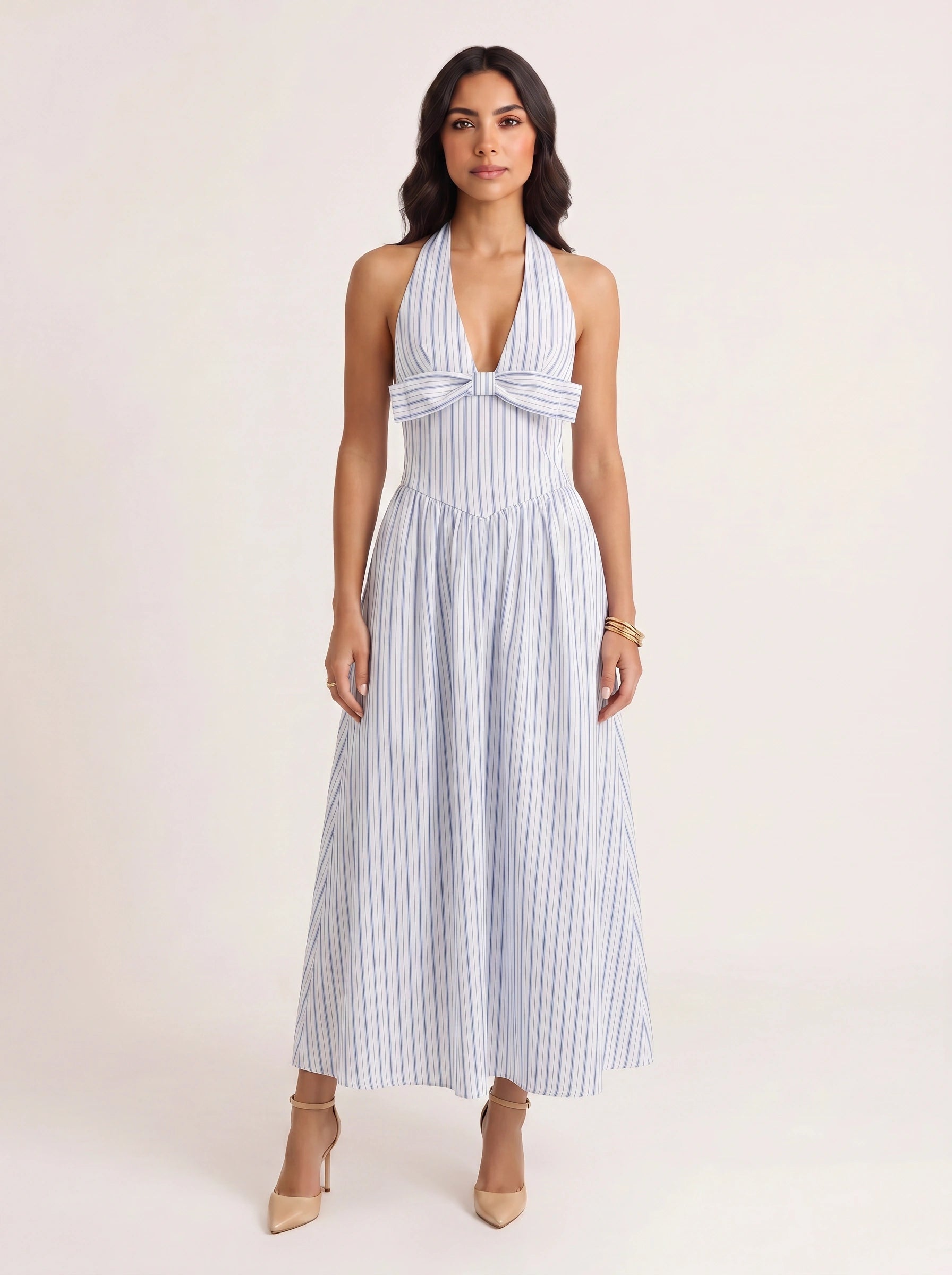 Rigala Halter Neck Tie Front Maxi Dress – Striped Women Summer Beach Wedding Guest Resort Vacation Maxi Dress