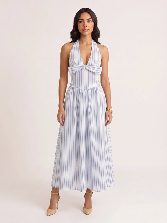 Rigala Halter Neck Tie Front Maxi Dress – Striped Women Summer Beach Wedding Guest Resort Vacation Maxi Dress