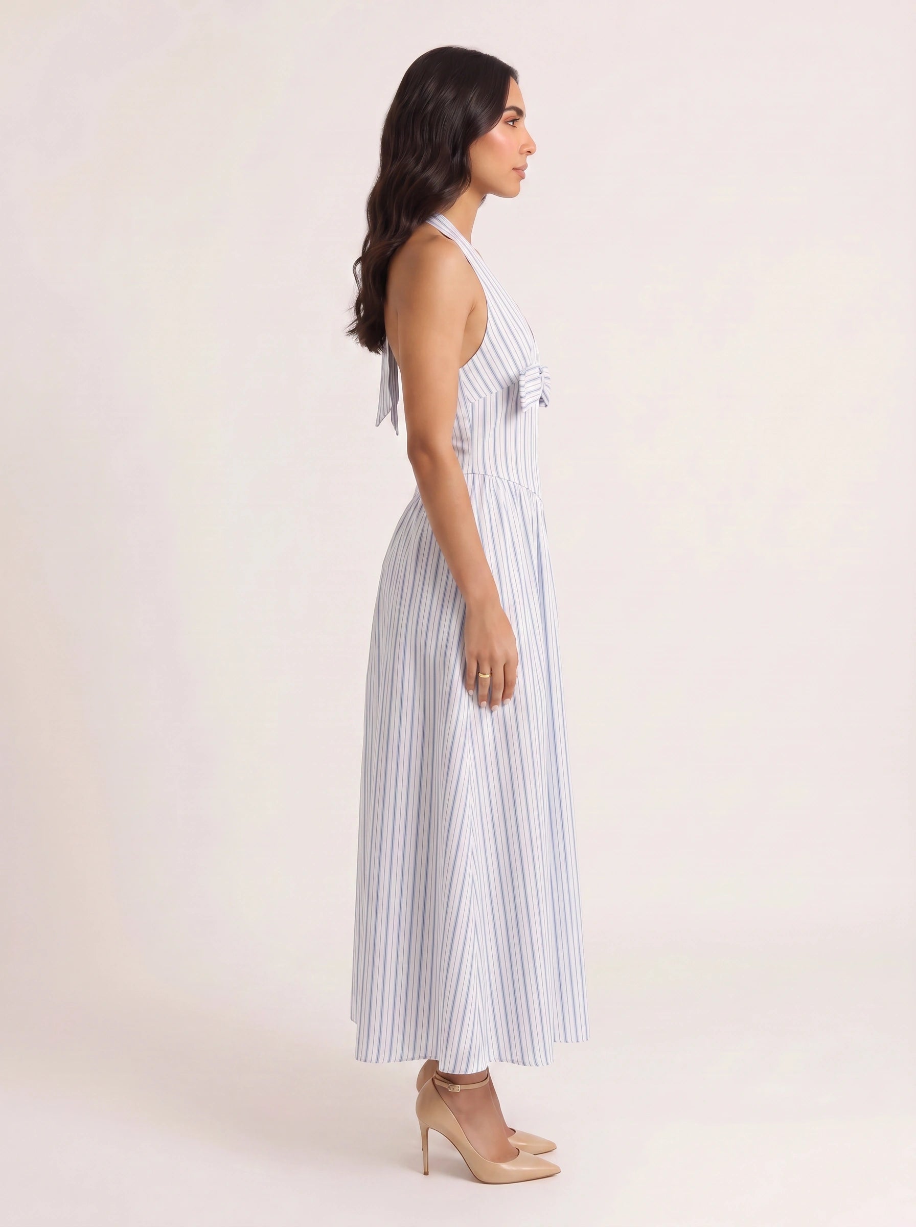 Rigala Halter Neck Tie Front Maxi Dress – Striped Women Summer Beach Wedding Guest Resort Vacation Maxi Dress