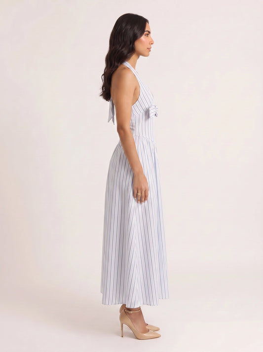 Rigala Halter Neck Tie Front Maxi Dress – Striped Women Summer Beach Wedding Guest Resort Vacation Maxi Dress