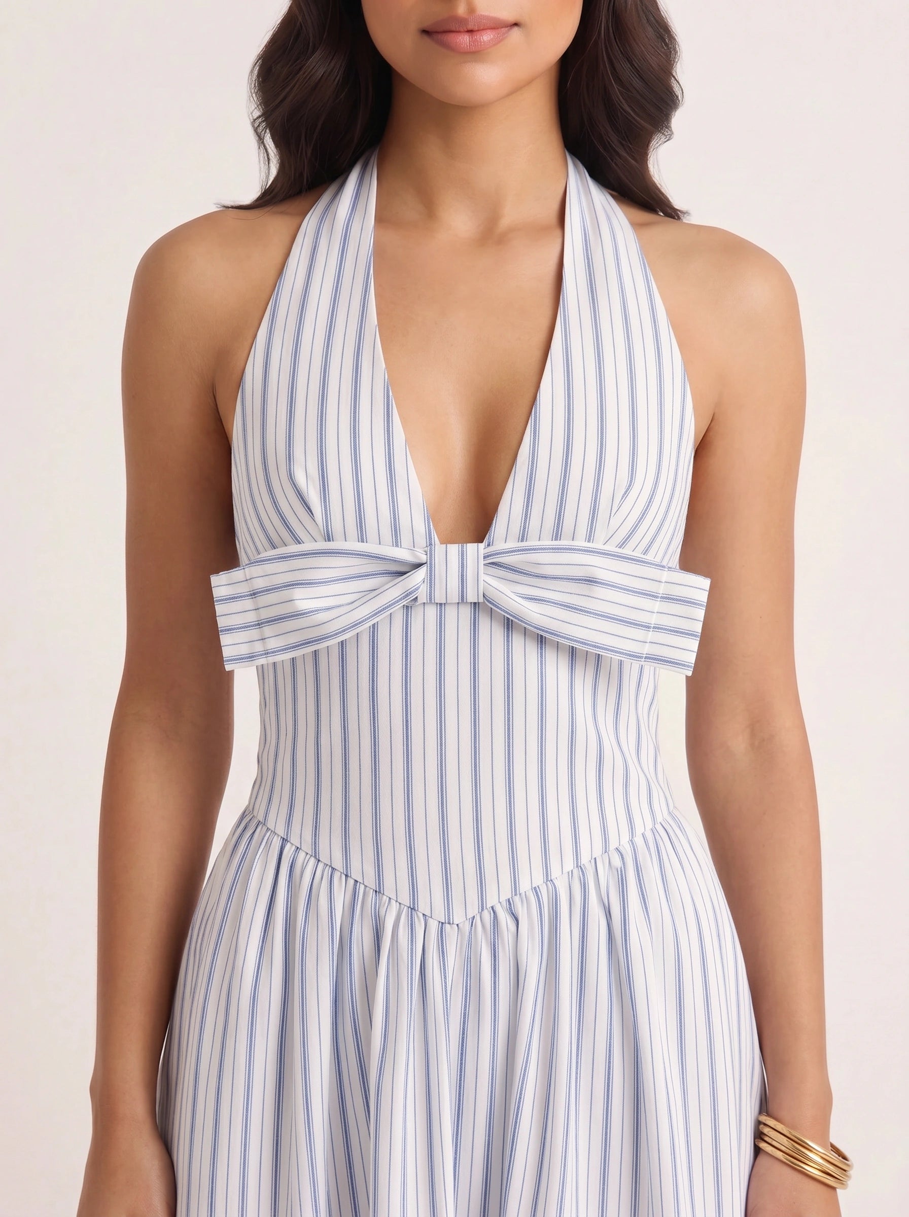 Rigala Halter Neck Tie Front Maxi Dress – Striped Women Summer Beach Wedding Guest Resort Vacation Maxi Dress