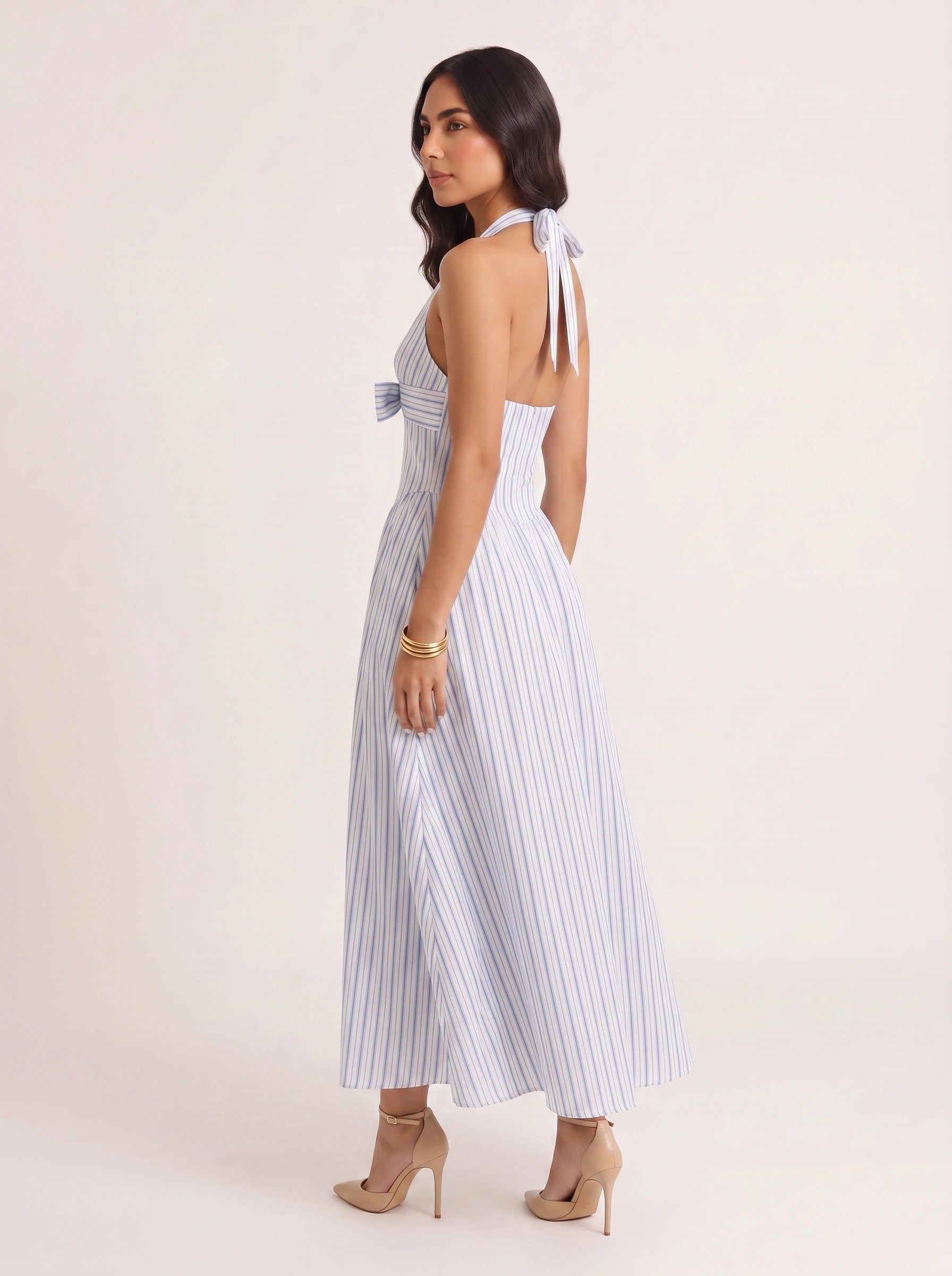 Rigala Halter Neck Tie Front Maxi Dress – Striped Women Summer Beach Wedding Guest Resort Vacation Maxi Dress