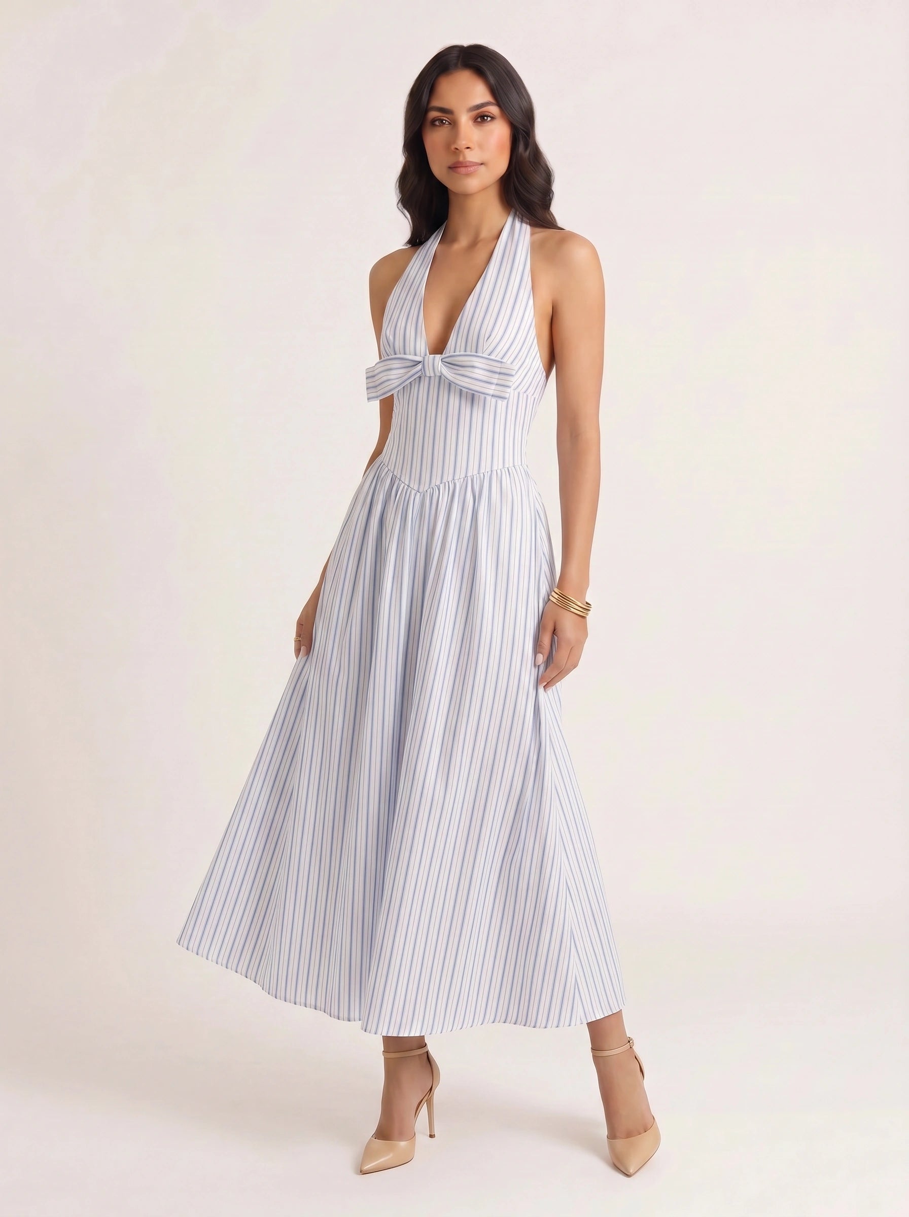 Rigala Halter Neck Tie Front Maxi Dress – Striped Women Summer Beach Wedding Guest Resort Vacation Maxi Dress