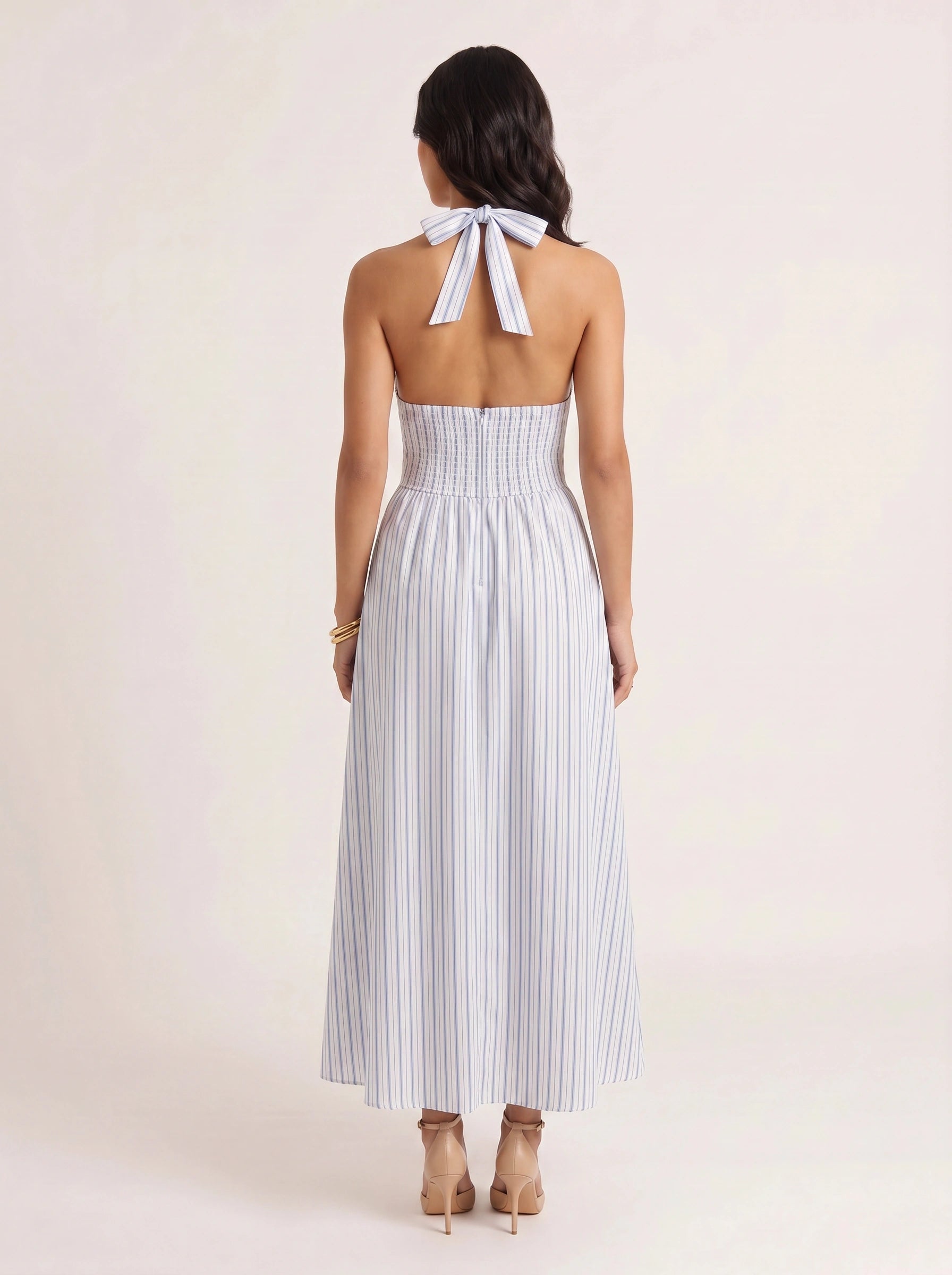 Rigala Halter Neck Tie Front Maxi Dress – Striped Women Summer Beach Wedding Guest Resort Vacation Maxi Dress