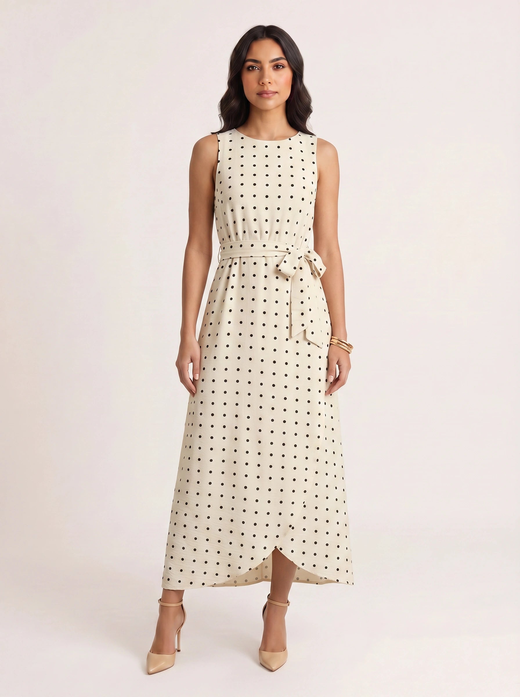 Puntina Belted Wrap Midi Dress – Polka Dot Sleeveless Women Formal Wedding Guest Summer Midi Dress