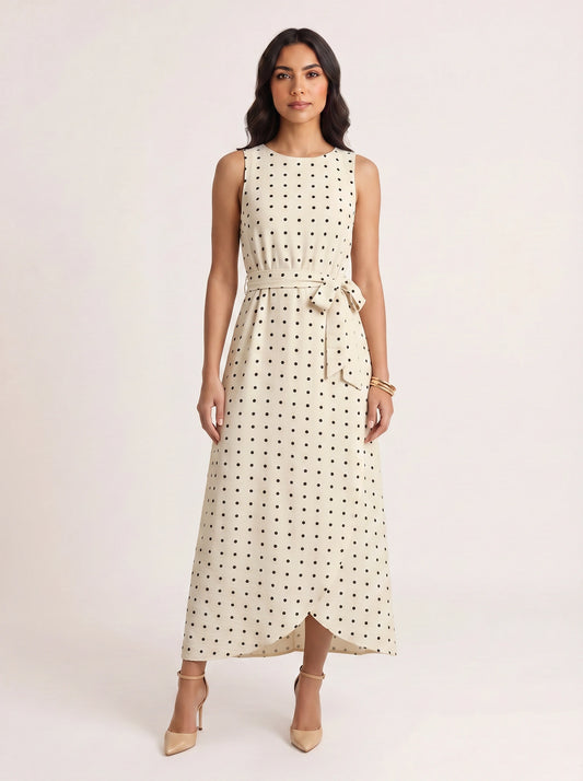 Puntina Belted Wrap Midi Dress – Polka Dot Sleeveless Women Formal Wedding Guest Summer Midi Dress