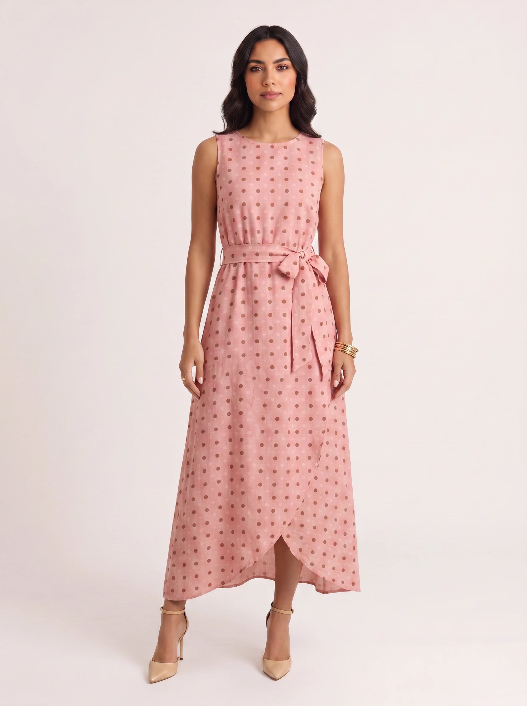 Puntina Belted Wrap Midi Dress – Polka Dot Sleeveless Women Formal Wedding Guest Summer Midi Dress