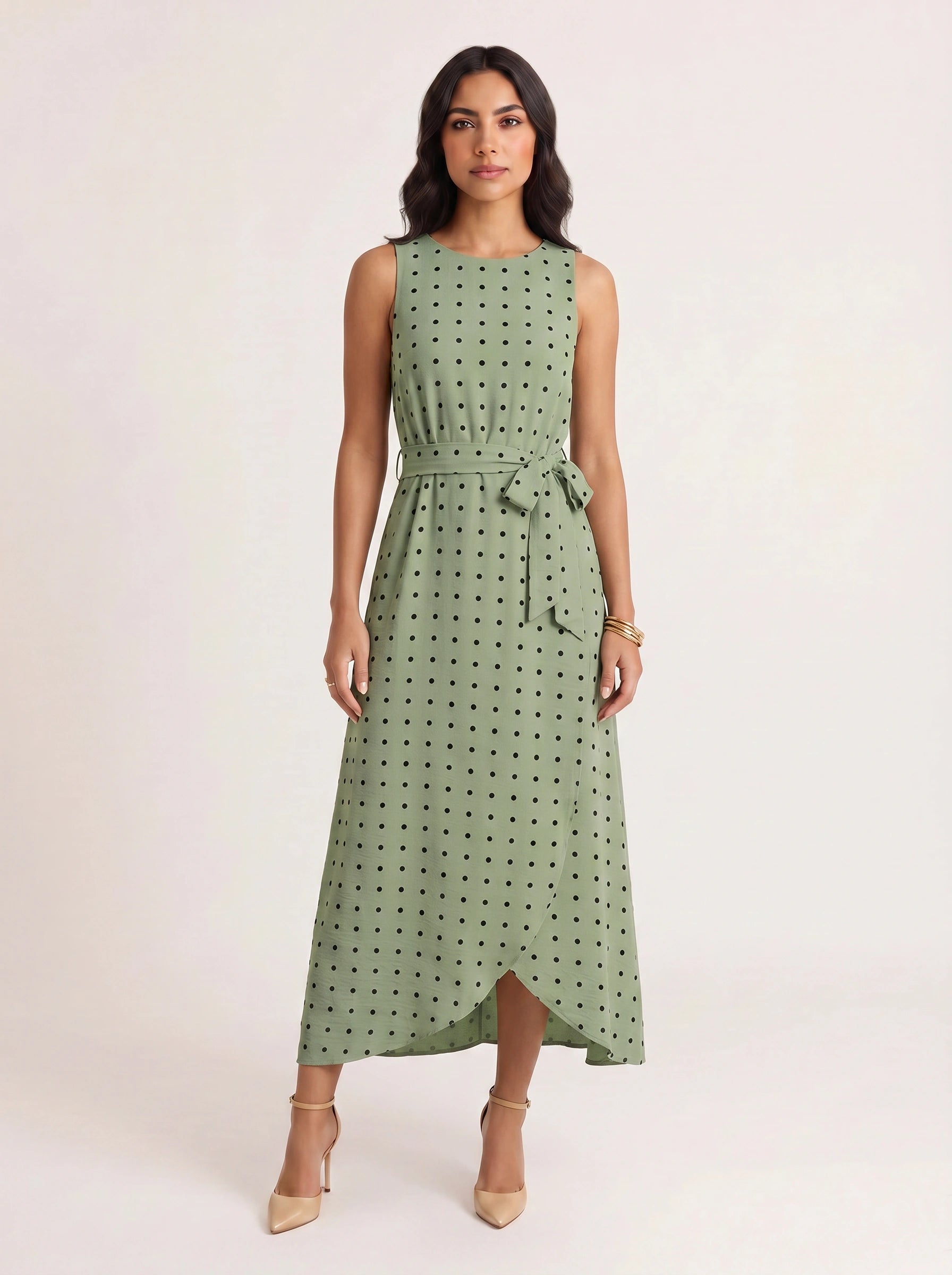 Puntina Belted Wrap Midi Dress – Polka Dot Sleeveless Women Formal Wedding Guest Summer Midi Dress