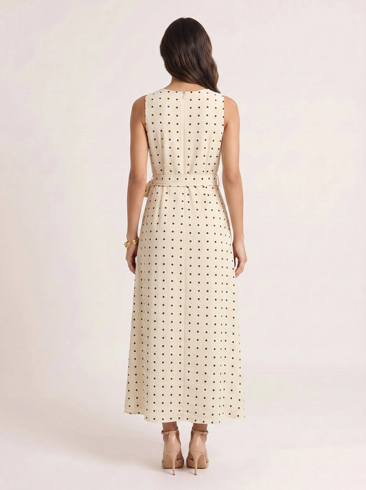 Puntina Belted Wrap Midi Dress – Polka Dot Sleeveless Women Formal Wedding Guest Summer Midi Dress
