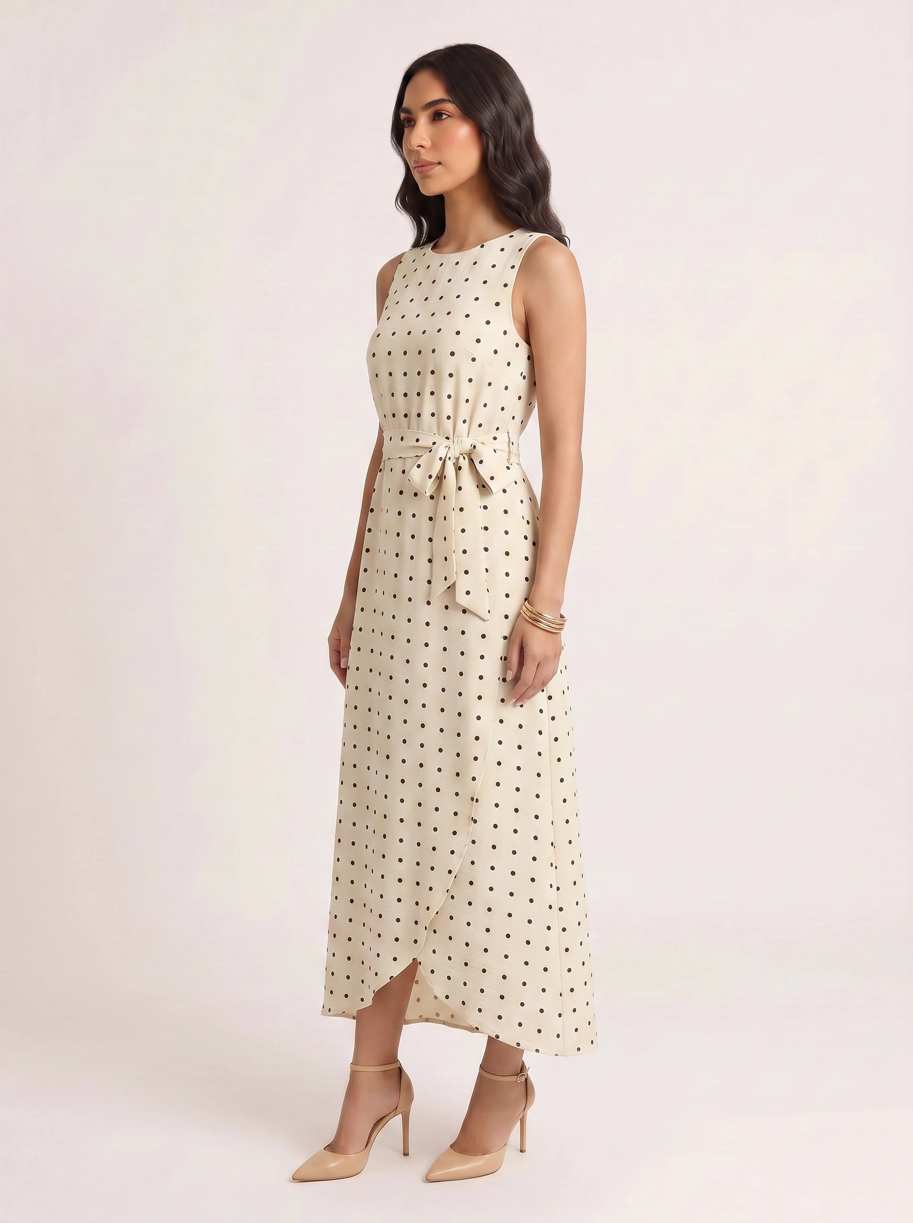 Puntina Belted Wrap Midi Dress – Polka Dot Sleeveless Women Formal Wedding Guest Summer Midi Dress