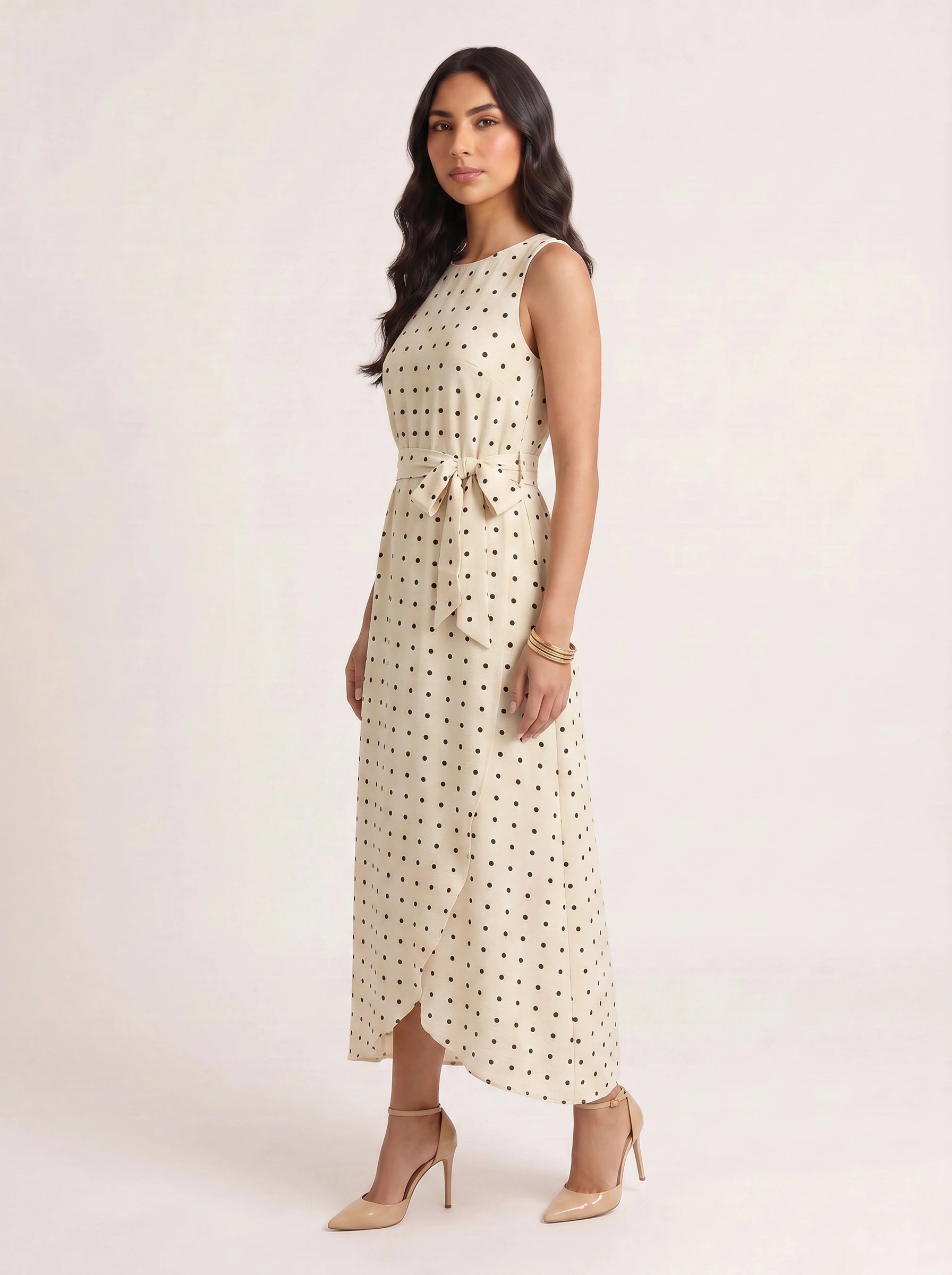 Puntina Belted Wrap Midi Dress – Polka Dot Sleeveless Women Formal Wedding Guest Summer Midi Dress