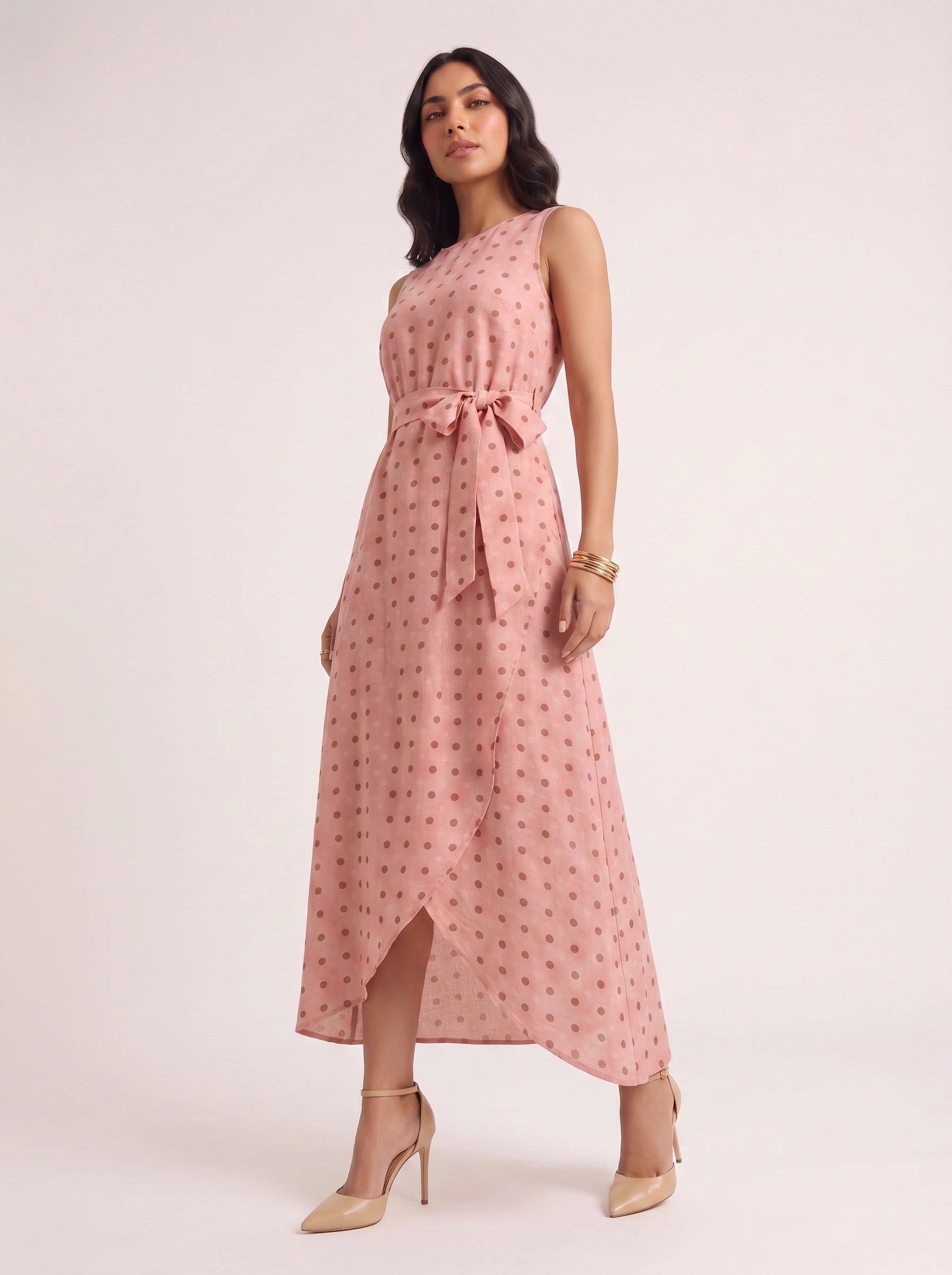 Puntina Belted Wrap Midi Dress – Polka Dot Sleeveless Women Formal Wedding Guest Summer Midi Dress